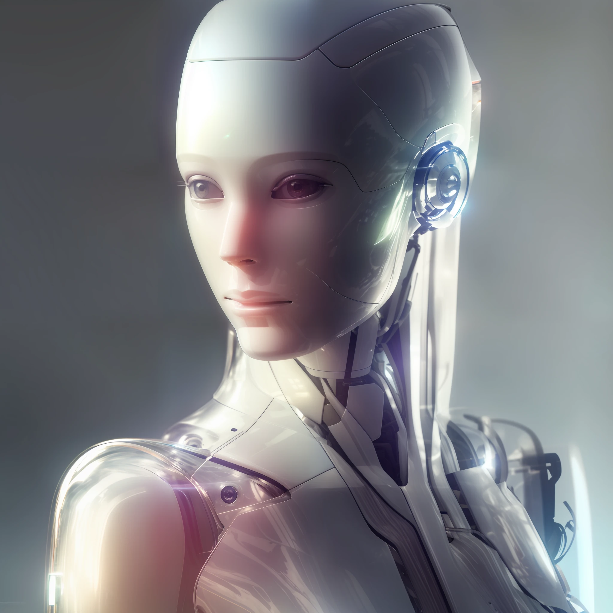 There is a closeup of a robot with a futuristic head with a transparent acrylic outfit, robot femnia sensual model, integrated synthetic android, cyborg - girl, portrait of a female android, beautiful android woman, perfect android girl, cyborg girl, female android, humanoid woman, female robot, cute female android, cyborg woman, intricate trans-human, ultra detailed female android, Portrait of an android, beautiful white cyborg girl, fashion photography, ashion