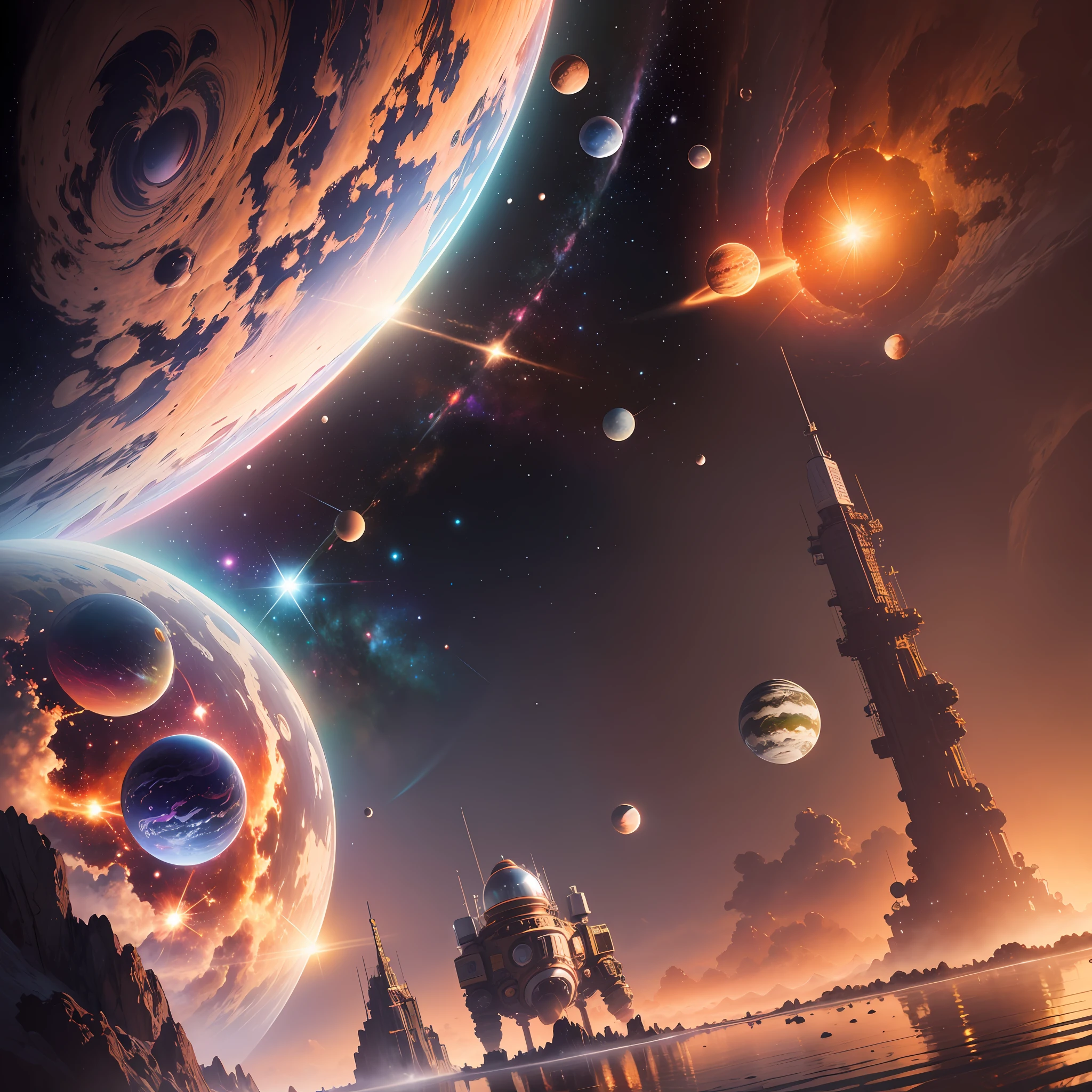 Realistic illustration of the (Paneta Terra), between outer space and other planets, with high richness of detail and reflections of intense light. Realistic art composition, showcasing the best of Canon art. Masterpiece by Dan Mumforddo --auto --s2