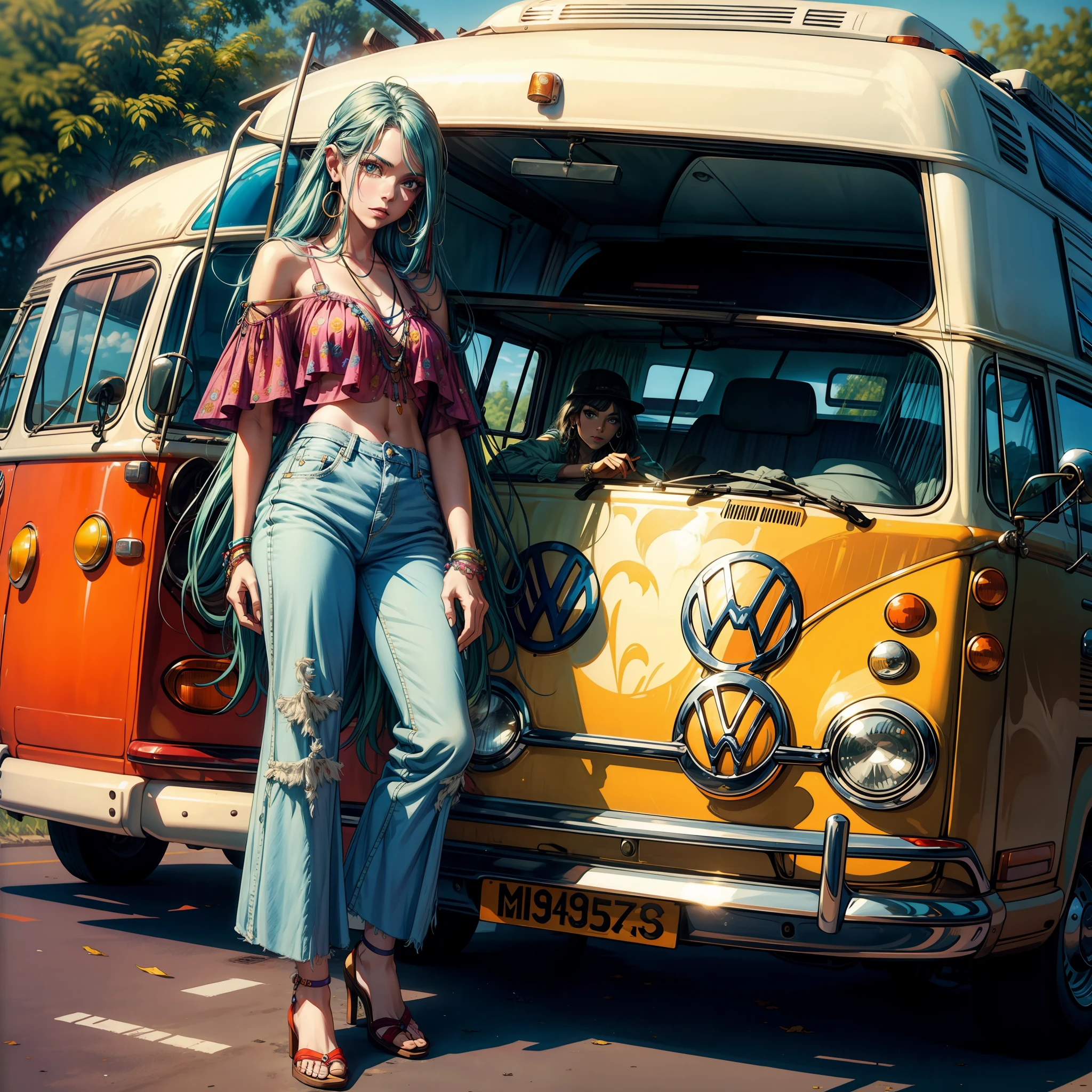 1970s style, hippie woman, bell-bottoms, low rise jeans, leaning against a volkswagen bus, smoking cigarette, colorful background