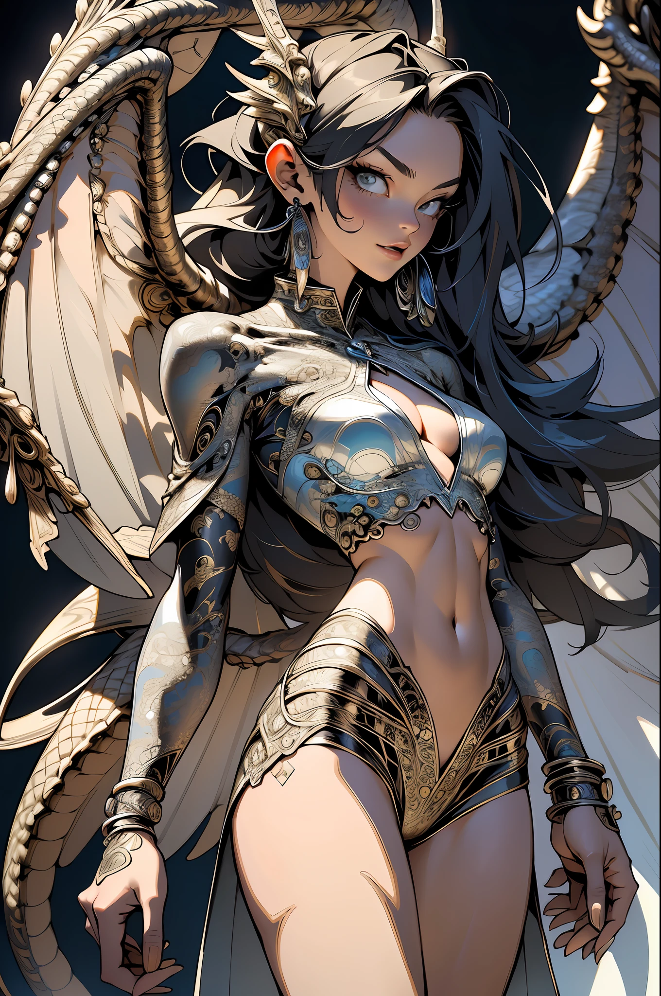 absurd, highres, ultra detailed, (ultra-detailed background, detailed background), extremely detailed, adult warrior woman, 35 years old, with dragon wings on her back, white and black hair, bouquet of flowers, (zentangle:1.2), (geometric:1.2), colorful, full body, sexy pose, short clothes, dragon tattoo, stars, tiny thong, almost naked, muscular, perfect body