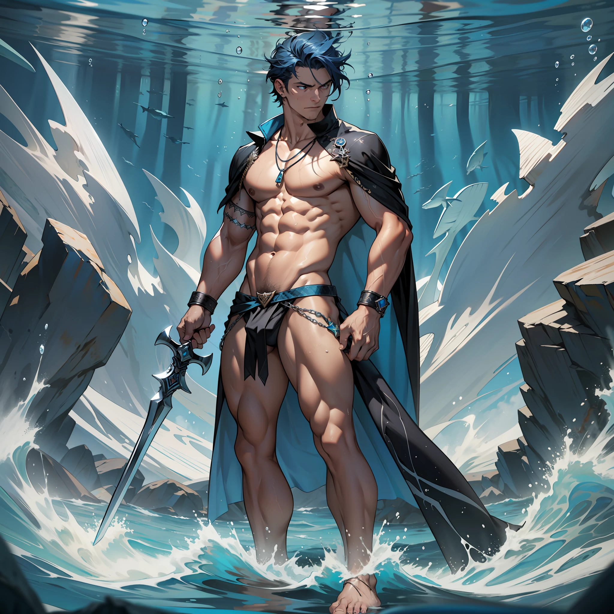 panorama, a young male poseidon with a weapon, rough sea, dark tones, half naked, bareleged, barefoot, domineering cape, coral cane, abs, dark blue hair, short hair, giving orders, floating in water poss, domineering eyes, standing, white background, full body, feet, saliva, heavy breathing, moaning, panorama, nipple ring, metal ring on chest, color gas, shark tooth necklace, thong, panorama, partially underwater shot，from side