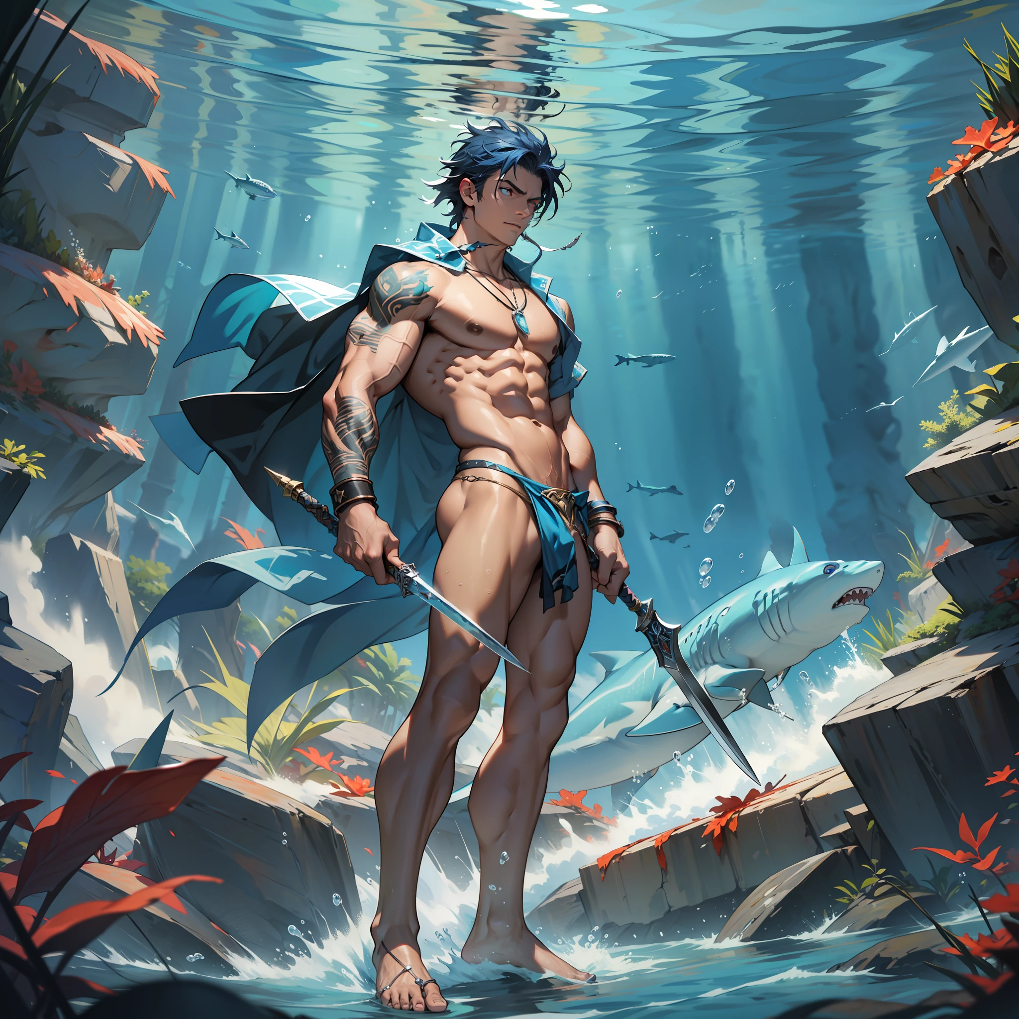 panorama, a young male poseidon with a weapon, rough sea, dark tones, half naked, bareleged, barefoot, domineering cape, coral cane, abs, dark blue hair, short hair, giving orders, floating in water poss, domineering eyes, standing, white background, full body, feet, saliva, heavy breathing, moaning, panorama, nipple ring, metal ring on chest, color gas, shark tooth necklace, thong, panorama, partially underwater shot，from side