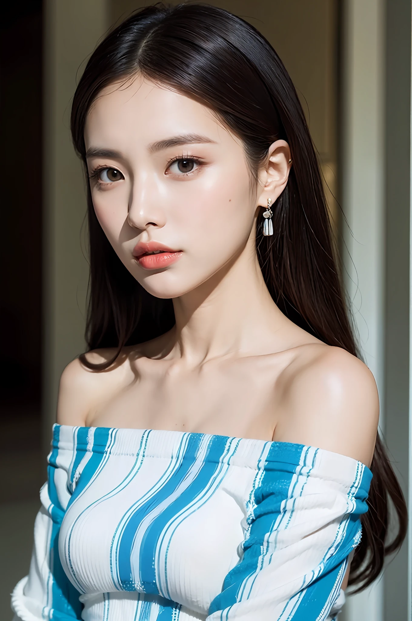 Fashion trendy beautiful and charming woman, gentle and charming Chinese beautiful woman, delicate and sexy collarbone, charming oval face, double eyelids, smart peach blossom eyes, pink lips, small nose, bare shoulders, focus on the face, close-up of the face, Ultra-high-definition, super-detailed, the white off-the-shoulder shirt perfectly echoes the light blue slit skirt, fresh and impressive