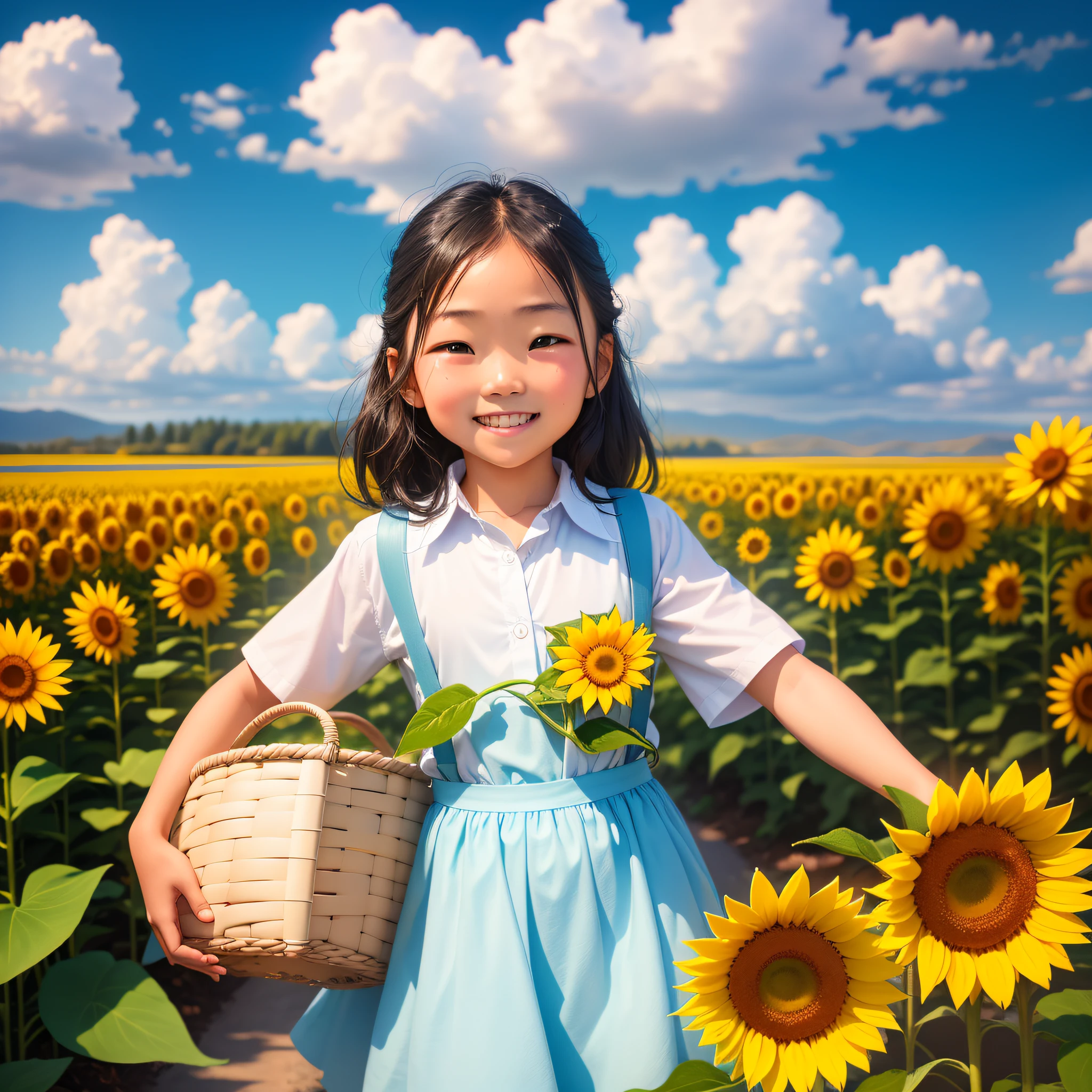 8 years old little girl, wearing school uniform, Asian face, smiling, carrying a basket of sunflowers, turning, a country road, the road is lined with sunflowers, light blue sky, there are white clouds and sun, suitable for computer wallpaper --auto --s2