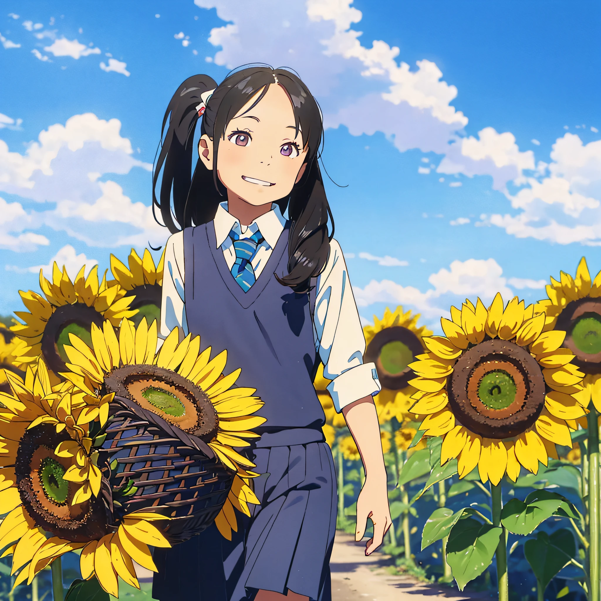 8-year-old little girl, wearing a school uniform, Asian face, double ponytail, big eyes, smiling, carrying a basket of sunflowers, a country road, standing in the middle of the road, turning to look, the road is lined with sunflowers, light blue sky, white clouds, sun --auto --s2
