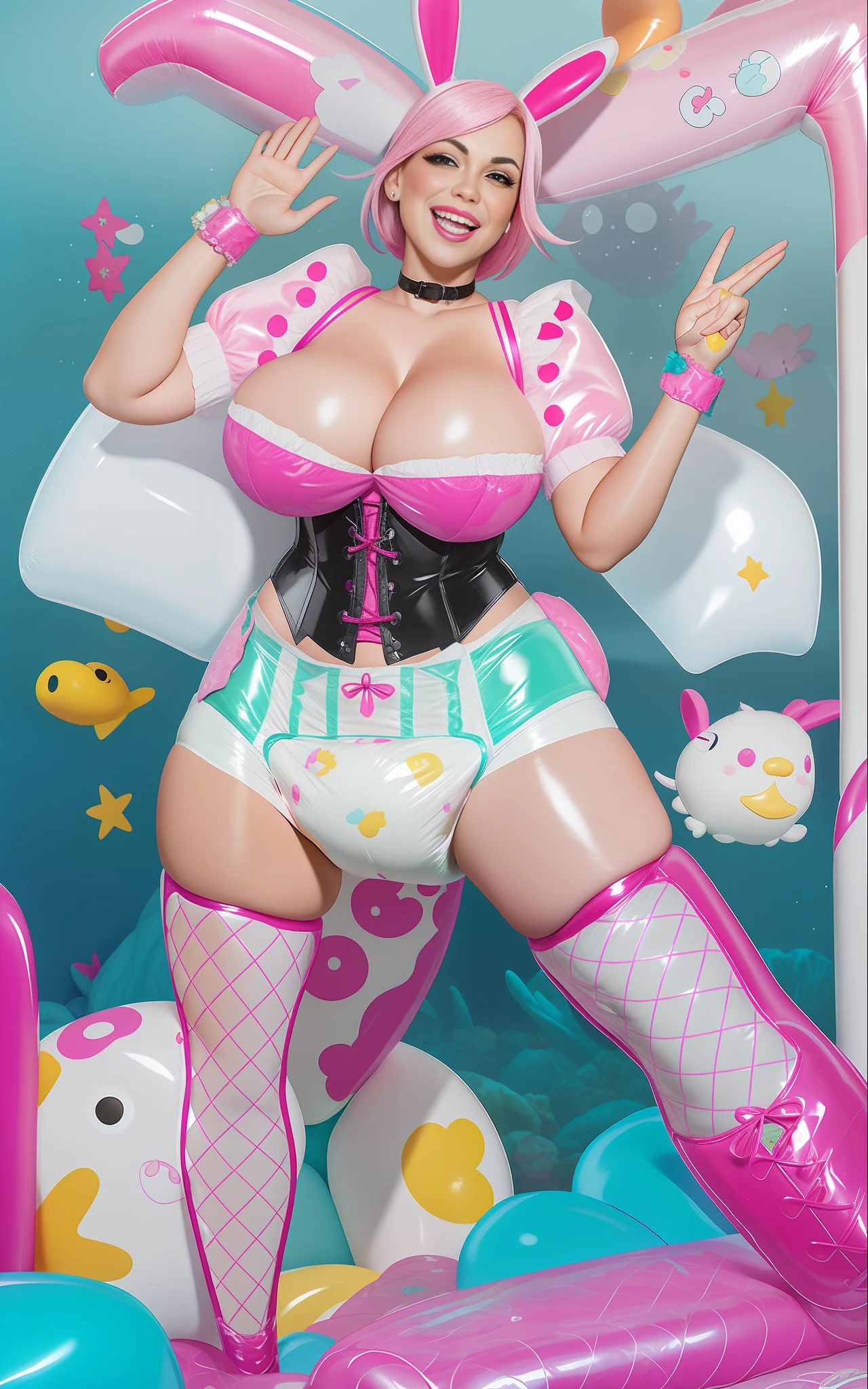 Sexy busty woman wearing (huge diaper), (magical), colorful, detailed, surprised, happpy, huge inflated breasts, wide hips, (seductive), bokeh, (latex), cleavage, fishnets, (bunny ears), (pink corset), (underwater), cute, white teeth, (inflatables),