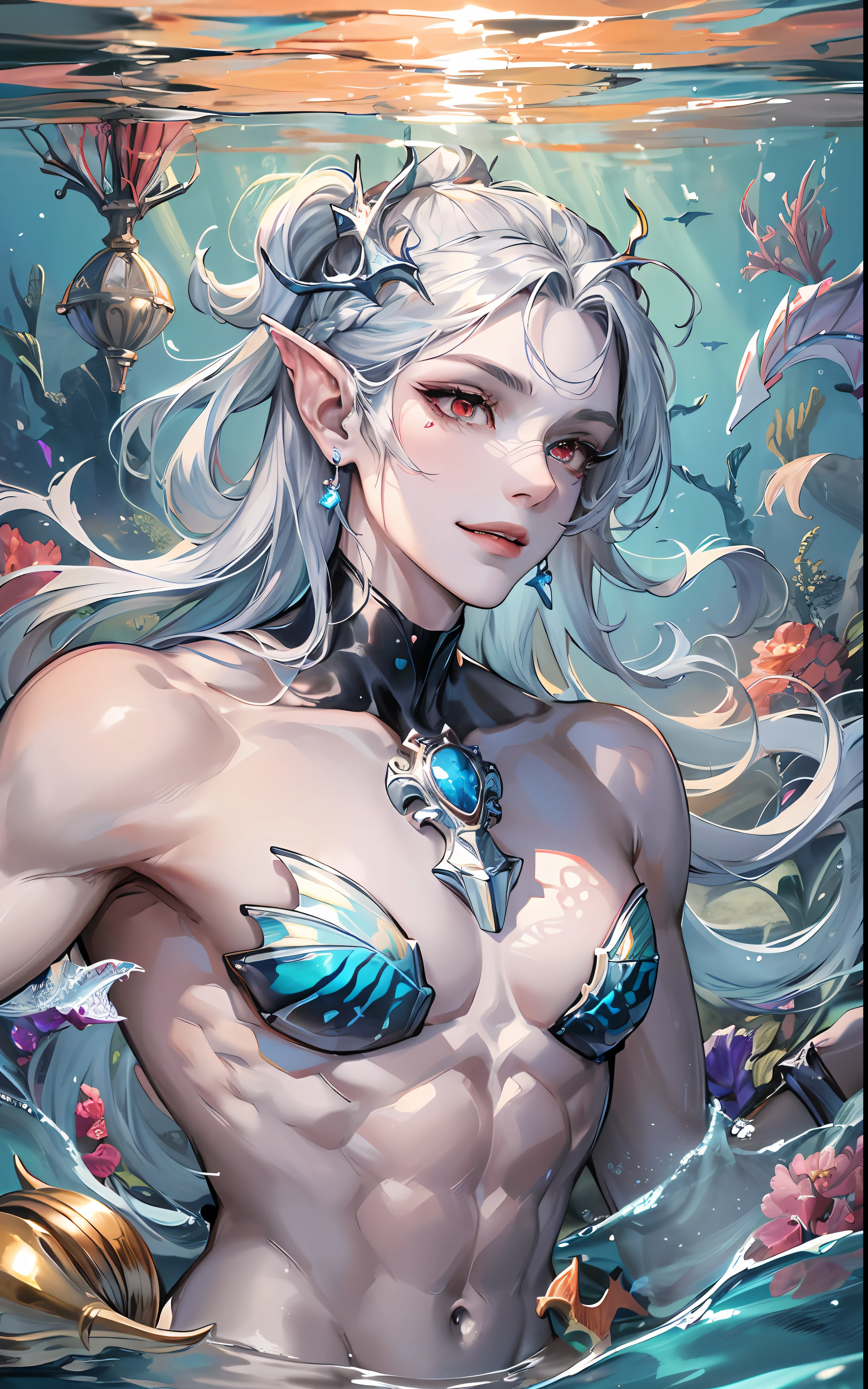 man, masculine, masculine face, attractive, muscular, (((1man))), masterpiece, absurdres, best quality ,intricate details , (shiny skin, shiny body, shiny oily luster skin, shiny hair, pale skintone), Sundown, attractive, ((muscular)), adult, one, earrings, Don't look at the view , Not looking at the view, silver hair, braided hair, perfect detailed face, perfect detailed hands, triton, fins, red eyes, triton ears, ((portait)), smirk, marine sea ornaments, ((in the water)), open chest, (mermaid tail), no legs, ((diving underwater)), under the sea, fishes