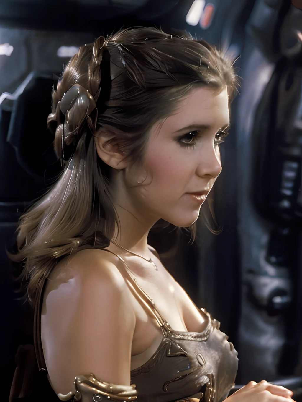 Carrie Fisher, Princess Leia from the Star Wars movies, with her snail hair, with a heart-shaped candy box in her hands. Star Wars setting, detailed, realistic, depth of field. Uhd