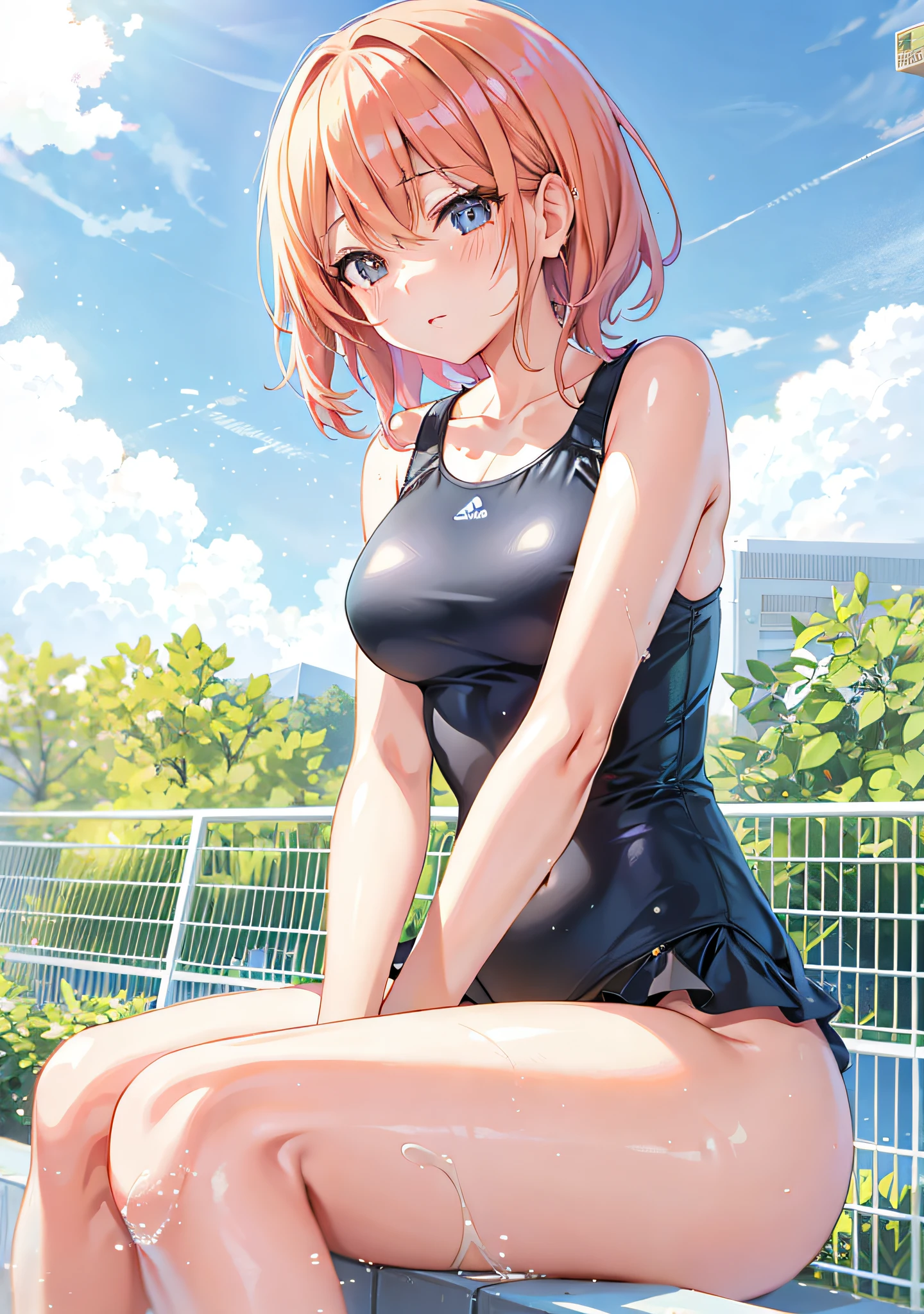 anime girl in a black swimsuit sitting on a ledge, smooth anime cg art, is wearing a swimsuit, attractive anime girl, seductive anime girl, full body:: sunny weather::, summer afternoon, anime visual of a cute girl, an anime girl, on a sunny day, 🤤 girl portrait, sunny day, beautiful anime girl, (anime girl), realistic young anime girl