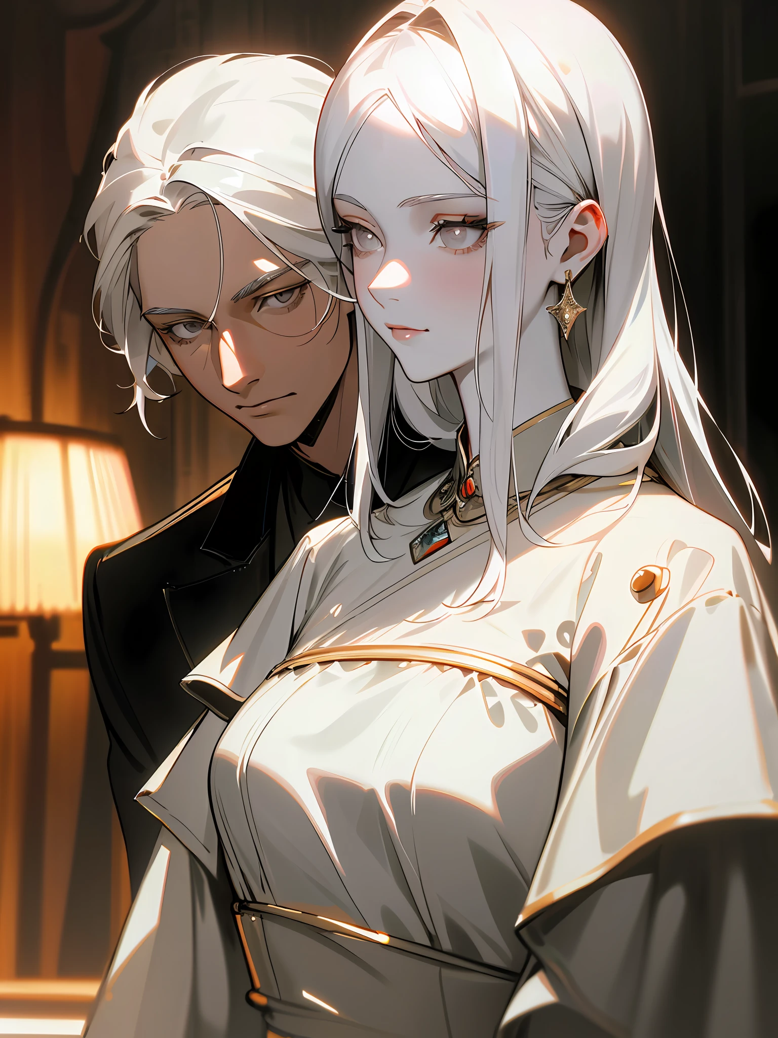 Masterpiece, superb (fashionable clothing), (illustration), ((2 persons)), ((beautiful young couple), (Russian mill style), fashion, designer clothes, (happy), (gray eyes), (white hair), (white skin), (dark circles), cute, bar, toast, trendy, close-up, , (chiaroscuro)), fine detail of the face, facial detail, cinematic lighting, (depth of field), UHD, (upper body), bar background, indirect light
