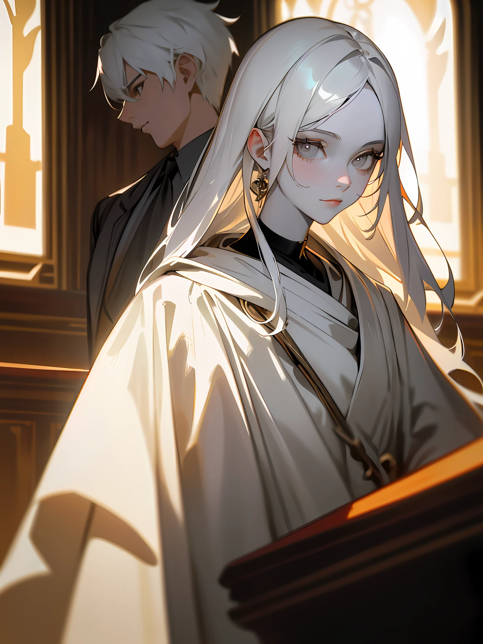 Masterpiece, superb (fashionable clothing), (illustration), ((2 persons)), ((beautiful young couple), (Russian mill style), fashion, designer clothes, (happy), (gray eyes), (white hair), (white skin), (dark circles), cute, bar, toast, trendy, close-up, , (chiaroscuro)), fine detail of the face, facial detail, cinematic lighting, (depth of field), UHD, (upper body), bar background, indirect light