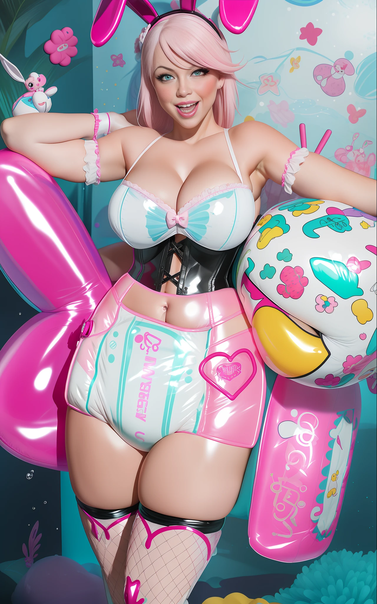 Sexy busty woman wearing (huge diaper), (magical), colorful, detailed, surprised, happpy, huge inflated breasts, wide hips, (seductive), bokeh, (latex), cleavage, fishnets, (bunny ears), (pink corset), (underwater), cute, white teeth, (inflatables),
