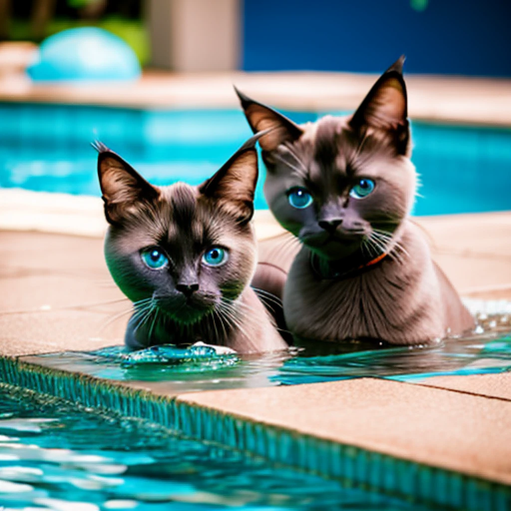 swimming cute two Siamese cats pool