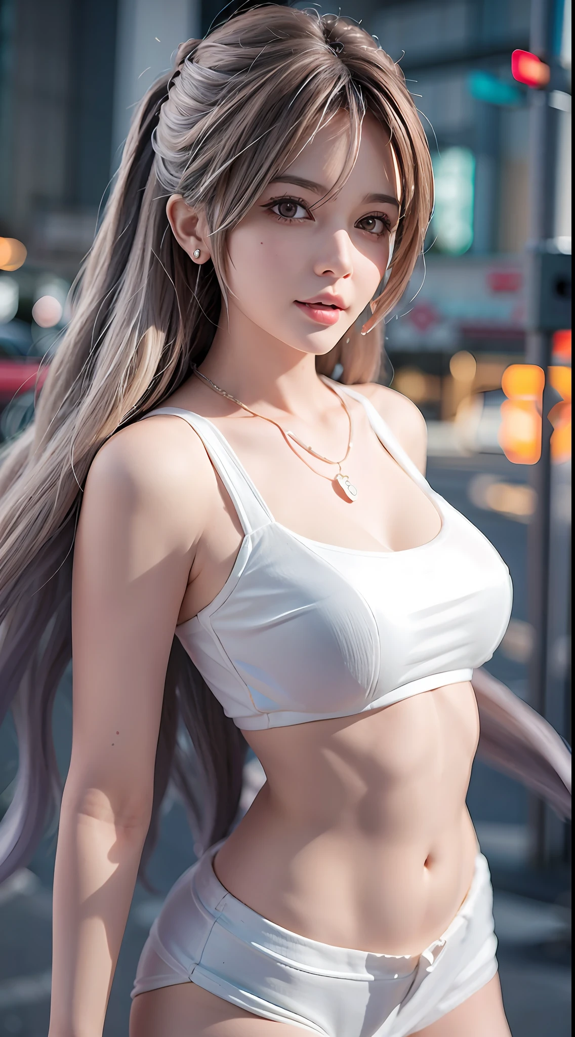 Figures, urban beautiful girl college students, masterpieces, light makeup, red lips, silver hair, messy long hair, street background, beautiful, elegant. Ultra-fine details, master works, real texture, cinematic lighting realism, perfect work, 8k, HD, exquisite facial features, white tight open-cut top, transparent white tight shorts, slim figure, bright big eyes, smooth skin, earrings, necklace, tattoos