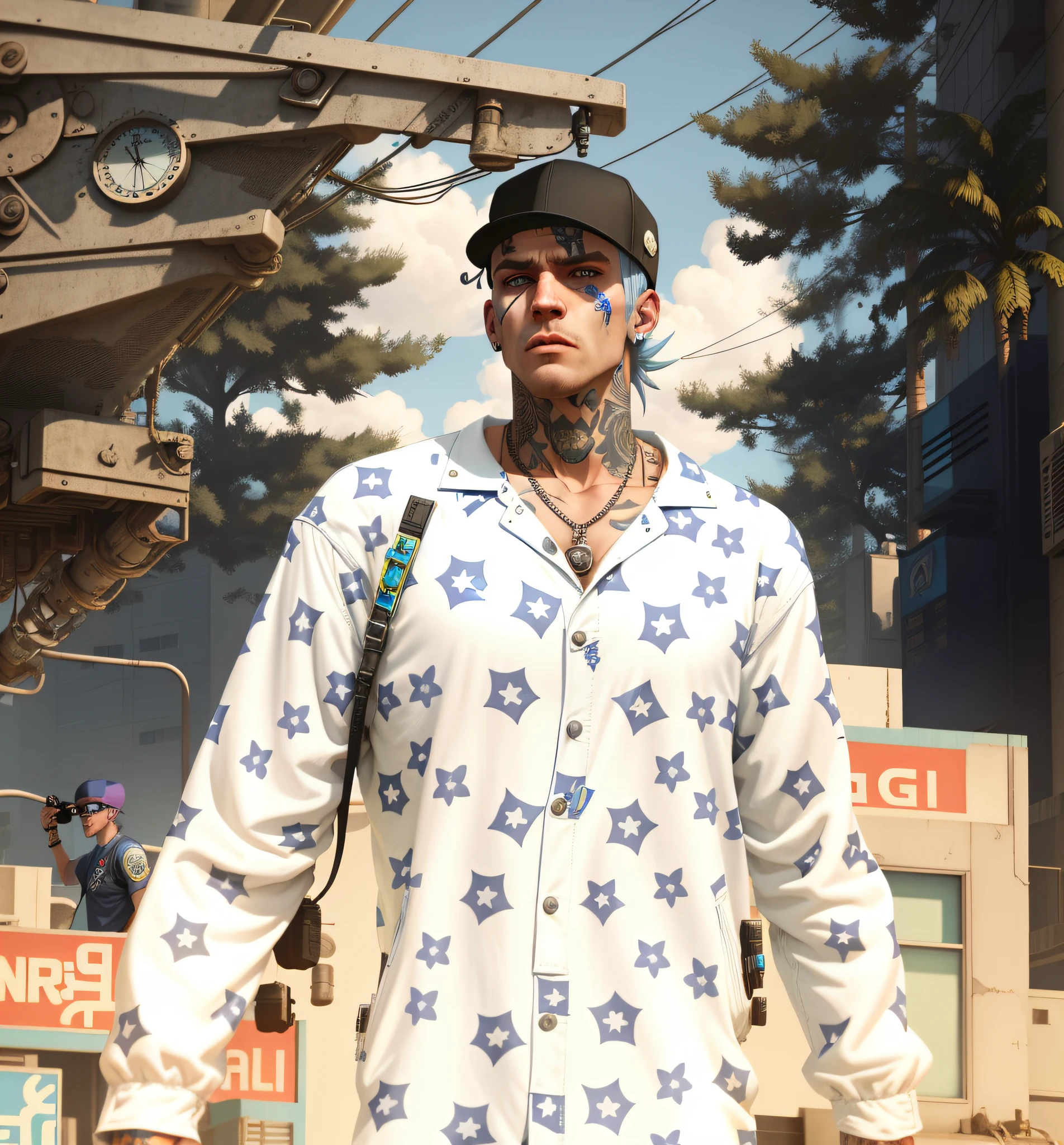 want to speak in english a closeup of a white person, blue hair, wearing a shirt and a hat, style character gta V, street style, mechanical punk clothing, highly aesthetic, new character, cyberpunk street goon, male character, make realistic
