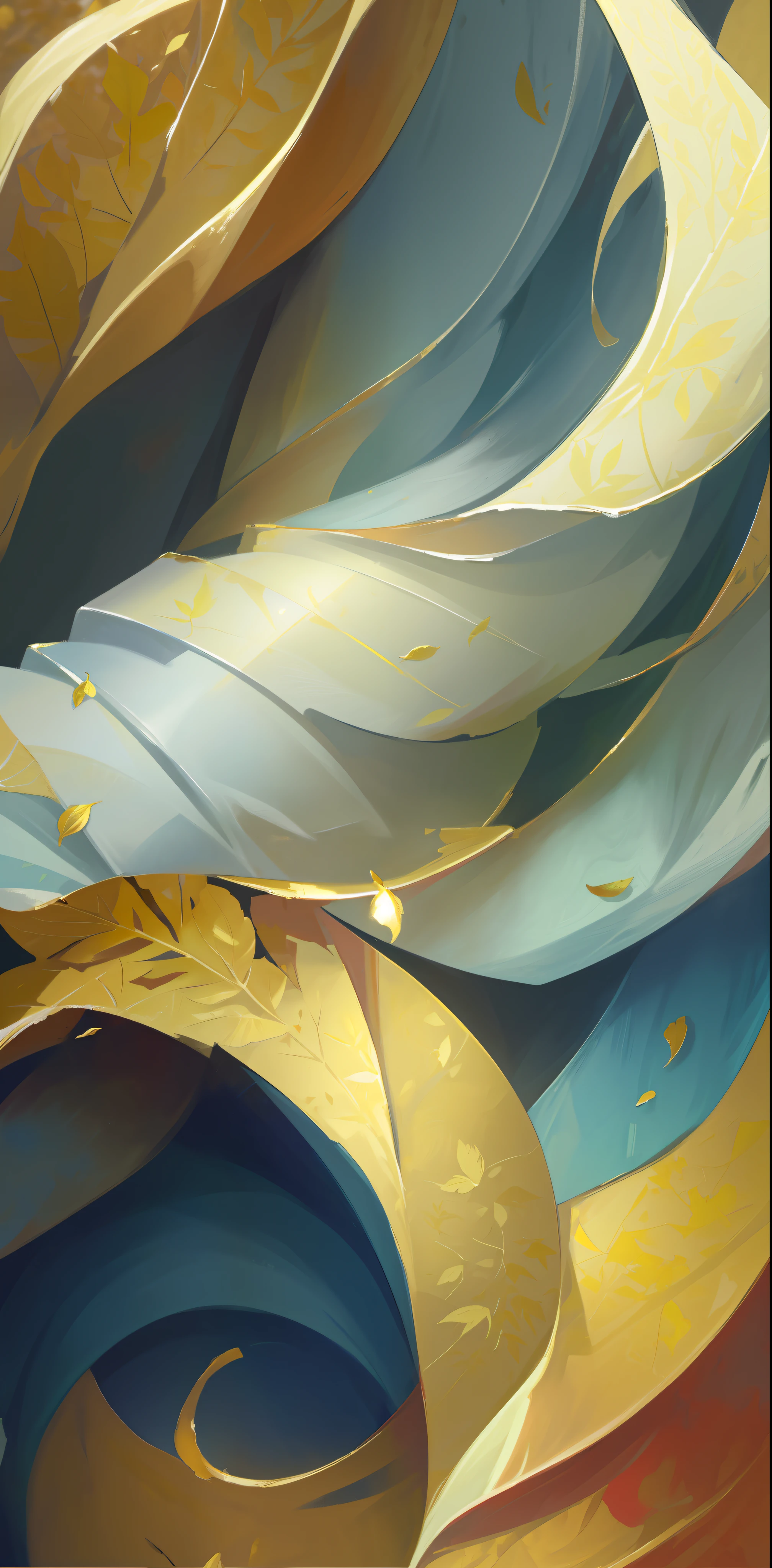 a close up of a painting of a bunch of leaves, ultra detail. digital painting, gold leaves, touches of gold leaf, high detail digital painting, touch of gold leaf, elegant digital painting, oil painting in a modern style, high quality digital painting, low detailed. digital painting, abstract painting oil on canvas, in style of digital painting, wlop painting style