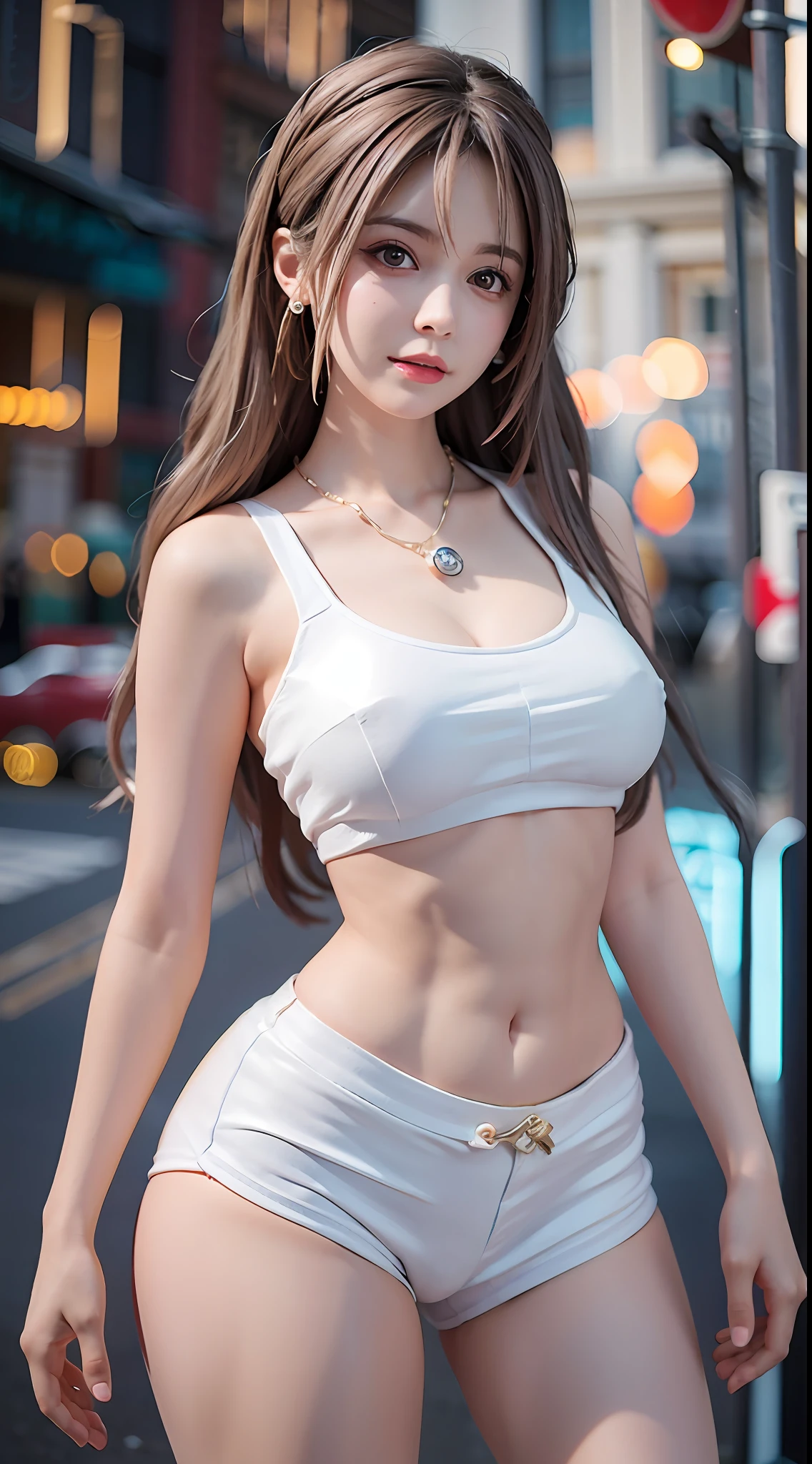 Figures, urban beautiful girl college students, masterpieces, light makeup, red lips, silver hair, messy long hair, street background, beautiful, elegant. Ultra-fine details, master works, real texture, cinematic lighting realism, perfect work, 8k, HD, exquisite facial features, white tight open-cut top, transparent white tight shorts, slim figure, bright big eyes, smooth skin, earrings, necklace, tattoos