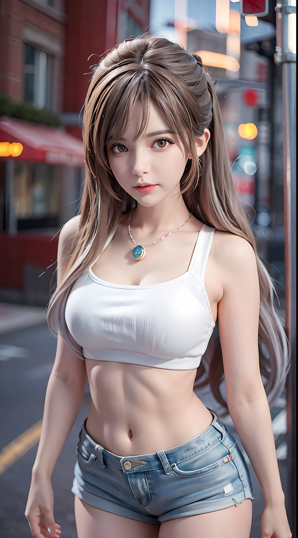 Figures, urban beautiful girl college students, masterpieces, light makeup, red lips, silver hair, messy long hair, street background, beautiful, elegant. Ultra-fine details, master works, real texture, cinematic lighting realism, perfect work, 8k, HD, exquisite facial features, white tight open-cut top, transparent white tight shorts, slim figure, bright big eyes, smooth skin, earrings, necklace, tattoos