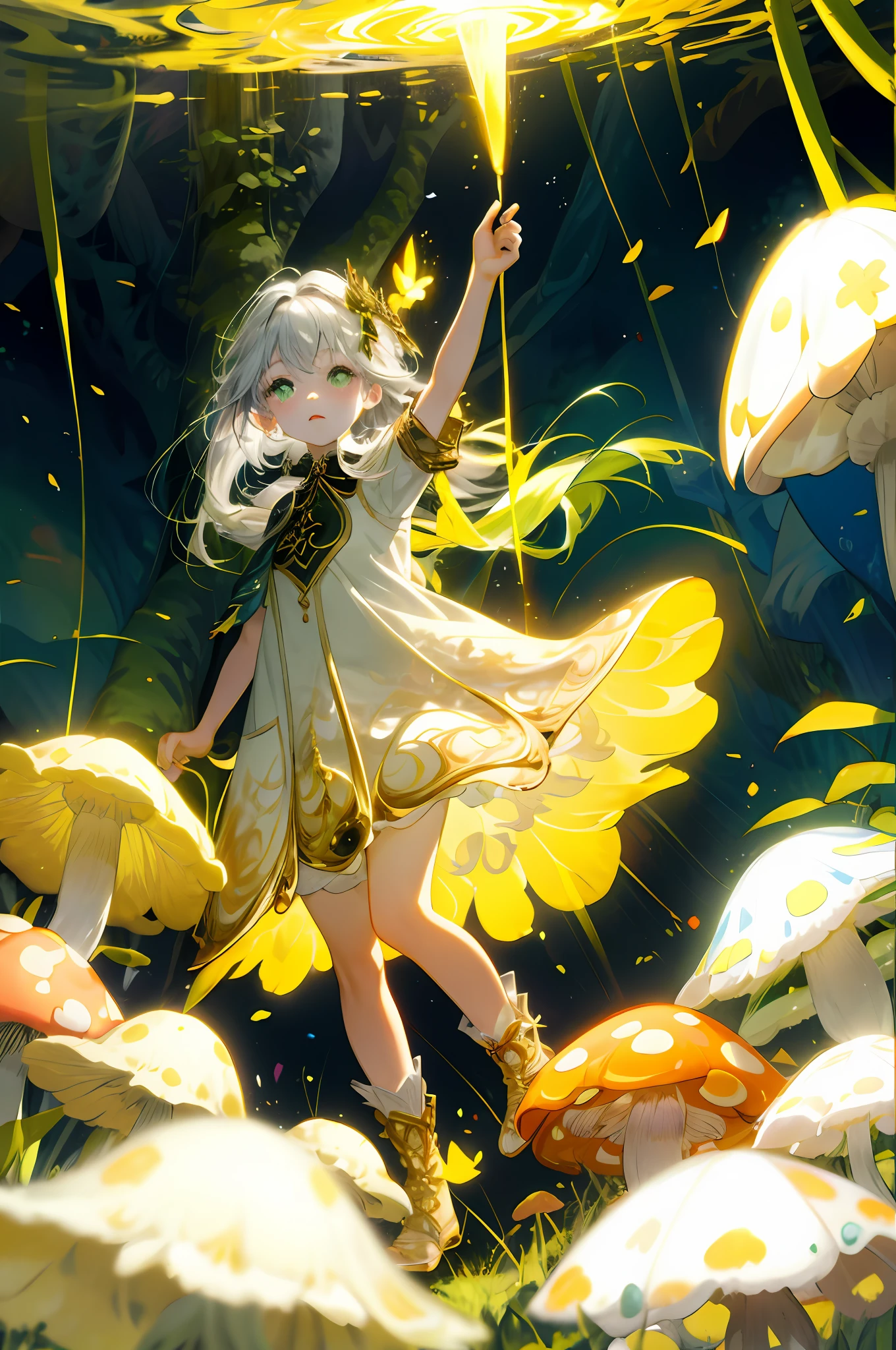 (flat color:0.9),(colorful:1.1),(masterpiece:1,2), best quality, masterpiece, highres, original, extremely detailed wallpaper,1girl,solo, young child girl, long light grey hair, white dress with golden embroidery, green and gold elements, glowing, flowing hair, fullbody, floating in the air in the middle of the forest, magic fantasy forest, glowing flowers and mushrooms, sunny day, sunny light, rays of light, dynamic lighting, cinematic shot