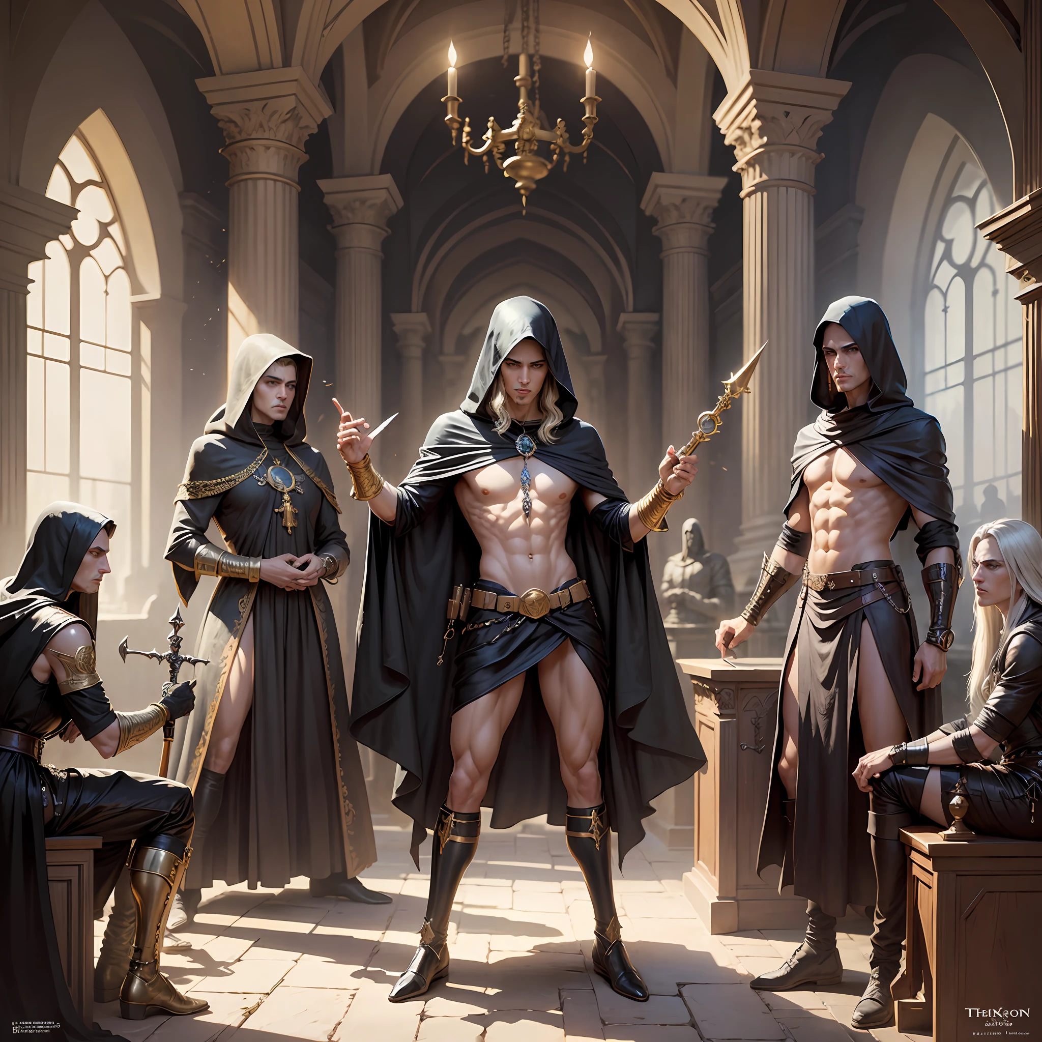 Human cultist male skirt, mouthpiece and tetacles on the abdomen, hooded head strong body, wearing black leather bracelets, concept art, jeff easly, gerald brom and larry elmore art. Wielding a ritualistic golden dagger adorned with jewelry, ad&d-style art, retro fantasy, antagonist at an altar inside torch-lit caves and surrounded by statues --auto --s2