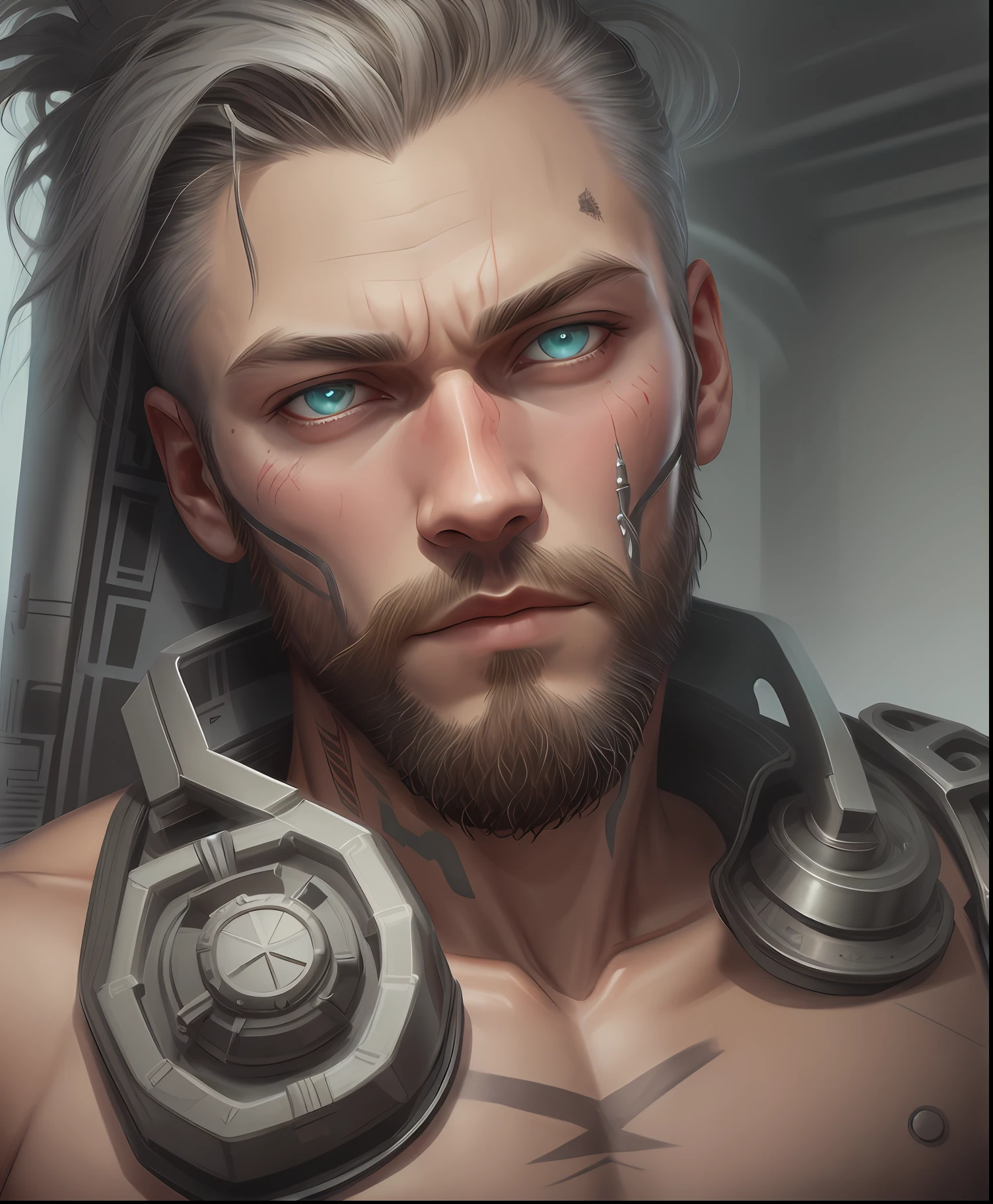 A cybernetic Viking man in the range of 27 years old, barbaric muscular stereotype, with Viking wolf fur coat (Viking mechanical parts: 1.5), fighting, dark bright eyes, short hair, tight supersuit torn, in a destroyed city, smoke and fire, aura of brilliant power, dynamic pose, dynamic vision, hyper detailed, 8k quality, with tattoo on arm, Clock of thorns on the chest and on the headset, merge, hyper realism, with thorns crest viking.Com gray goatee and gray hair, blood dripping down the face.