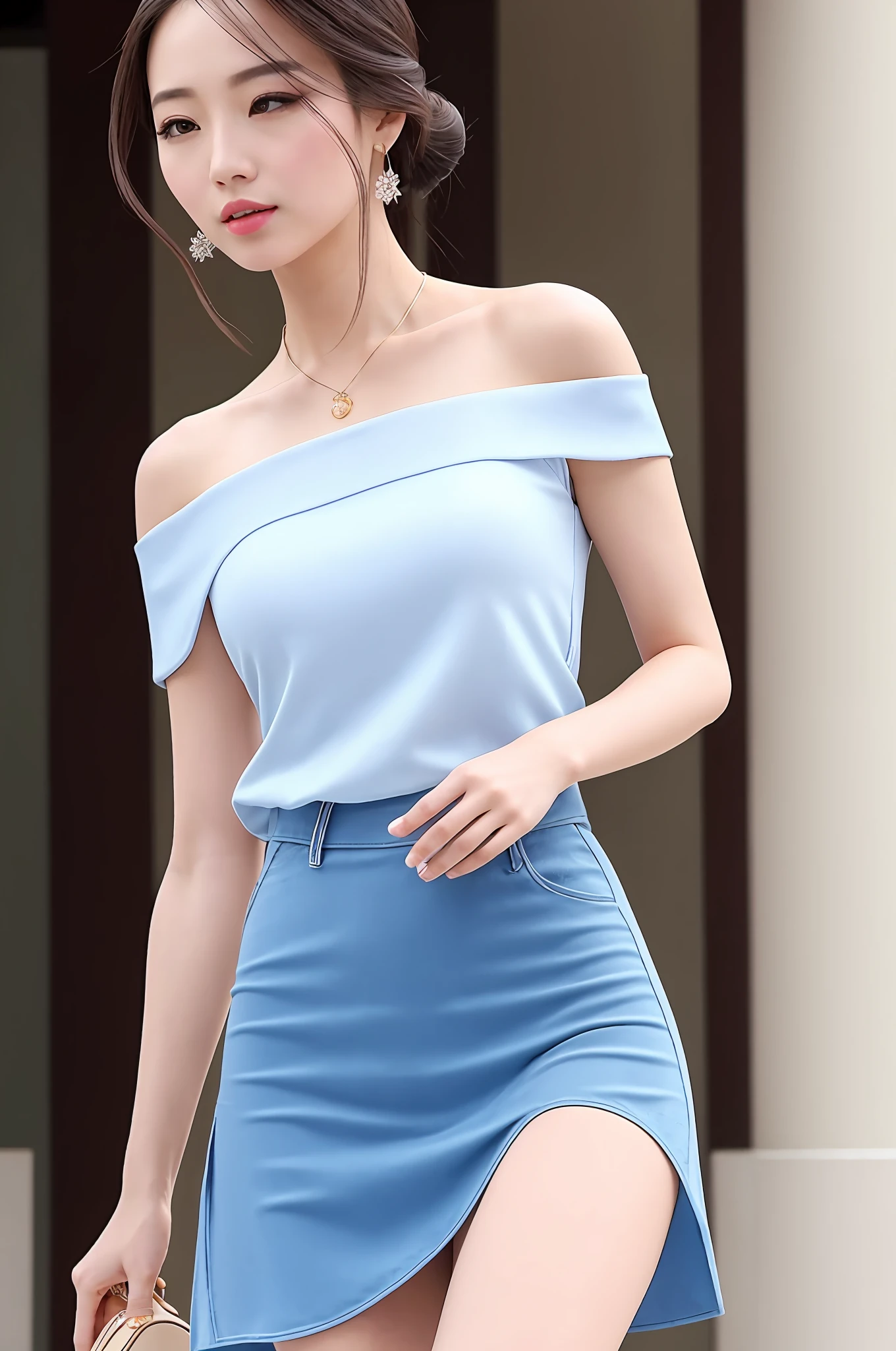 Fashion trendy beautiful and charming woman, gentle and charming Chinese beautiful woman, delicate and sexy collarbone, charming oval face, double eyelids, smart peach blossom eyes, pink lips, small nose, bare shoulders, focus on the face, close-up of the face, Ultra-high-definition, super-detailed, the white off-the-shoulder shirt perfectly echoes the light blue slit skirt, fresh and impressive