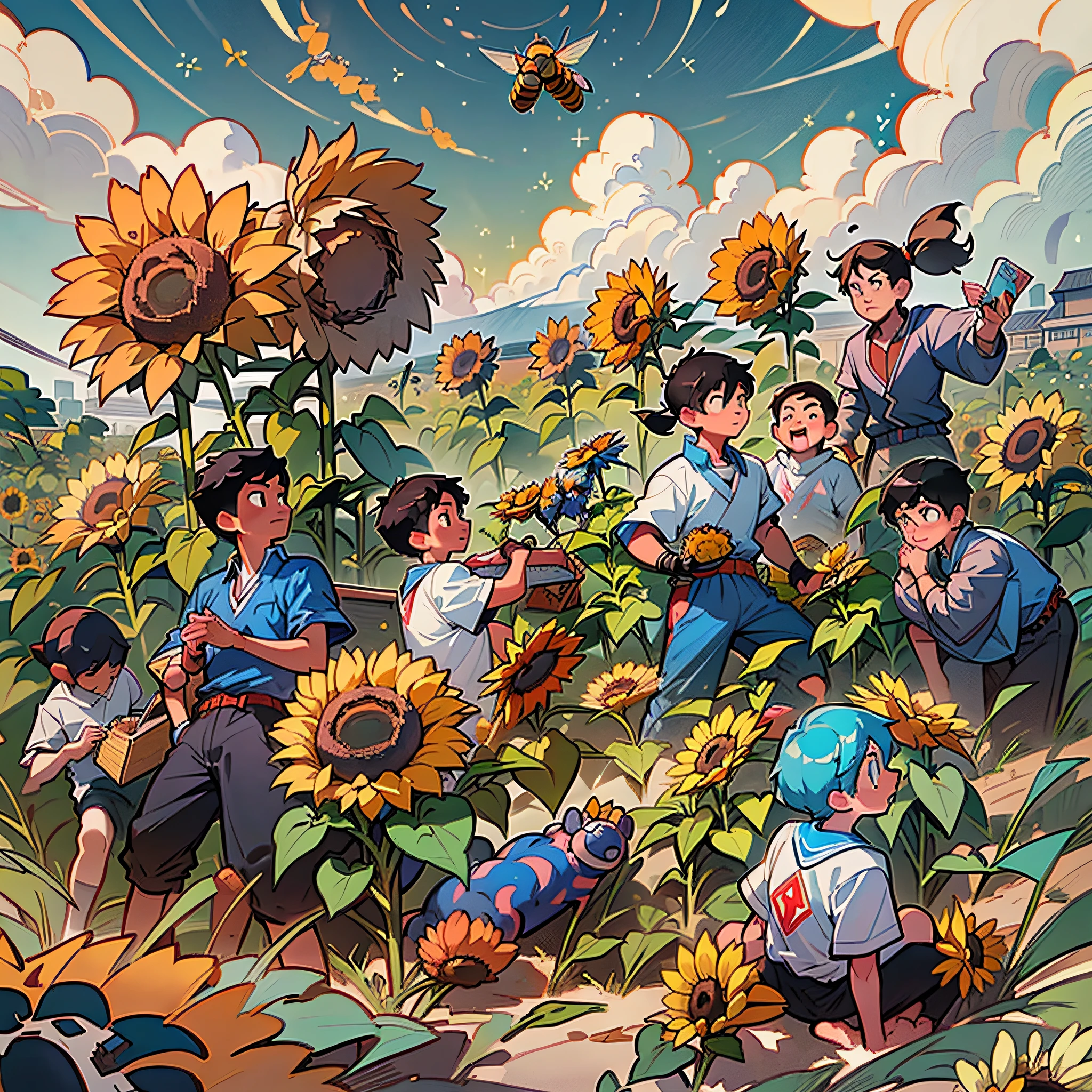 (Picture quality: top, super high resolution), (scene description: school football field, sunny), sky light blue (Tian Kuai dan lan), six sunflowers, each with a word in the middle, composed of bees, the 6 characters are: yang, light, self, faith, everyday. --auto --s2