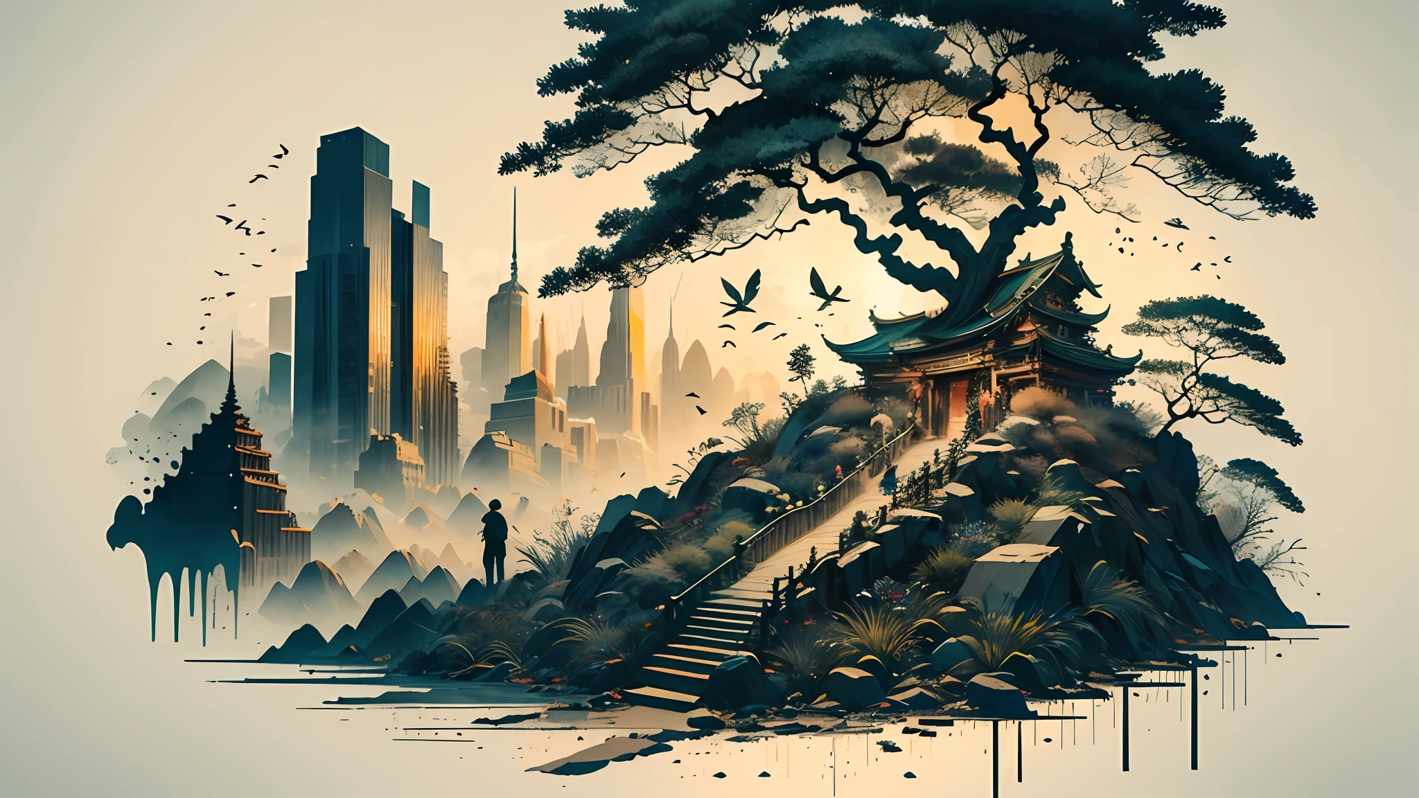 Absurd, high resolution, ultra-detailed, (1 girl:1.3), broken, design a beautiful temple scene, intricate architecture, lush gardens, and a sense of peace and spirituality. Broken, creating an image of a destructive demon with terrifying features, dark powers, and a thirst for chaos and destruction. Broken, designed with a fisheye effect image that captures a wide field of view with a unique curved viewing angle. Break to create rooftop views in urban environments with panoramic cityscapes, dramatic skylines, and a sense of elevation. Break , illustrating the tender moments between parents and children, capturing their bonds, love, and connection. Broken, using pointillism to illustrate images, carefully placed tiny dots of color to create a cohesive and visually stunning whole.