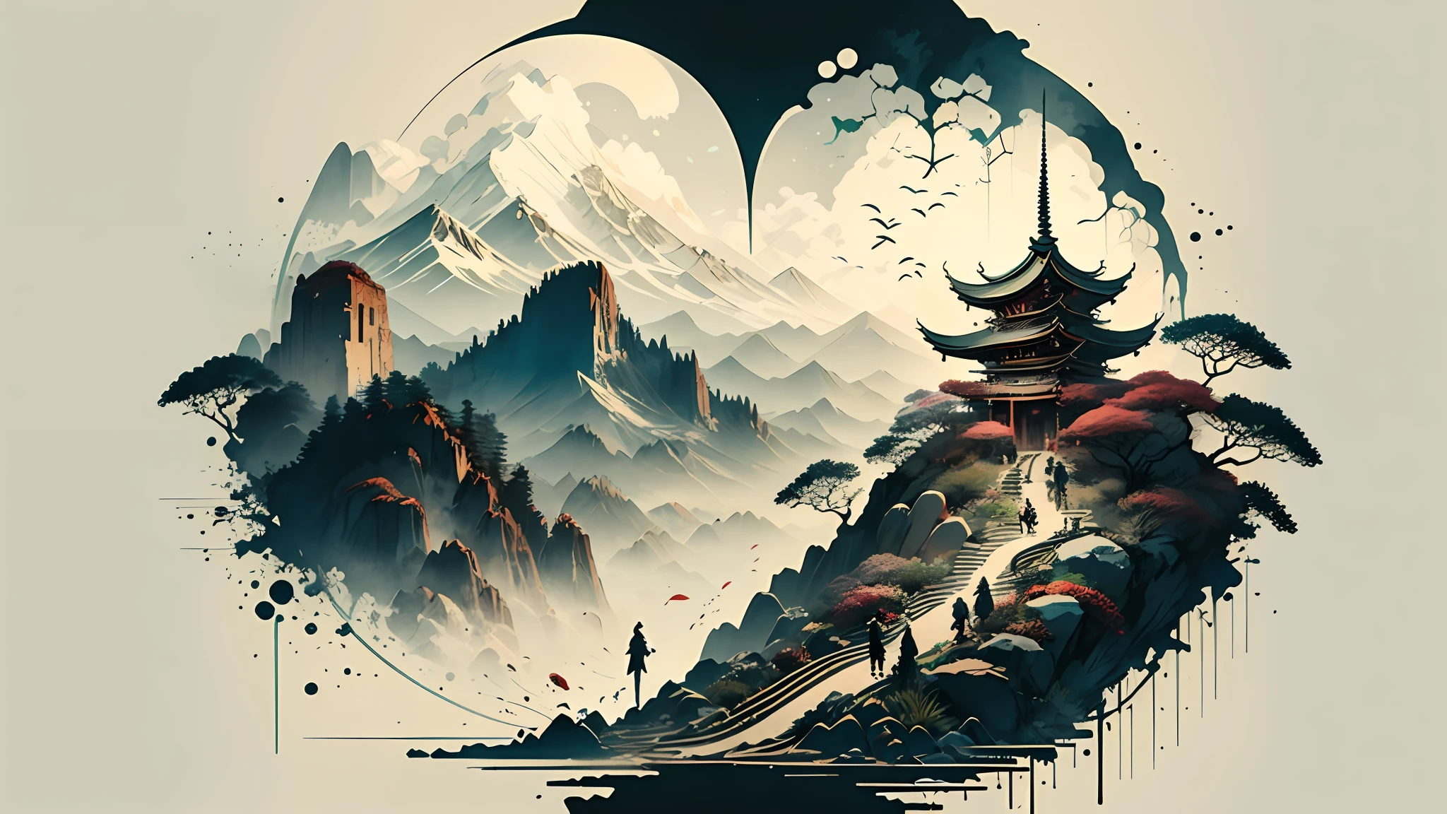 Absurd, high resolution, ultra-detailed, (1 girl:1.3), broken, design a beautiful temple scene, intricate architecture, lush gardens, and a sense of peace and spirituality. Broken, creating an image of a destructive demon with terrifying features, dark powers, and a thirst for chaos and destruction. Broken, designed with a fisheye effect image that captures a wide field of view with a unique curved viewing angle. Break to create rooftop views in urban environments with panoramic cityscapes, dramatic skylines, and a sense of elevation. Break , illustrating the tender moments between parents and children, capturing their bonds, love, and connection. Broken, using pointillism to illustrate images, carefully placed tiny dots of color to create a cohesive and visually stunning whole.