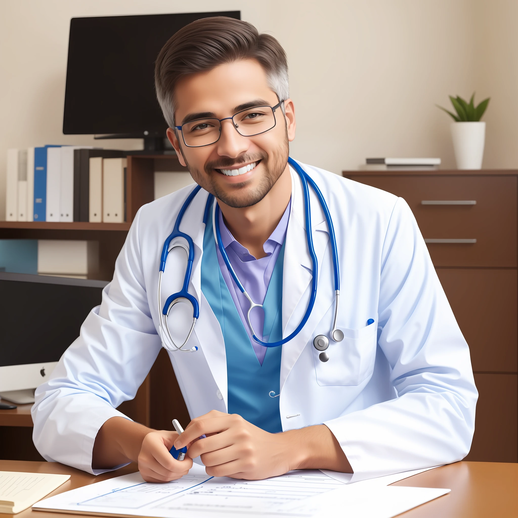a doctor, smiling, with a stethoscope around his neck, sitting writing down in front of his patient, drawing style