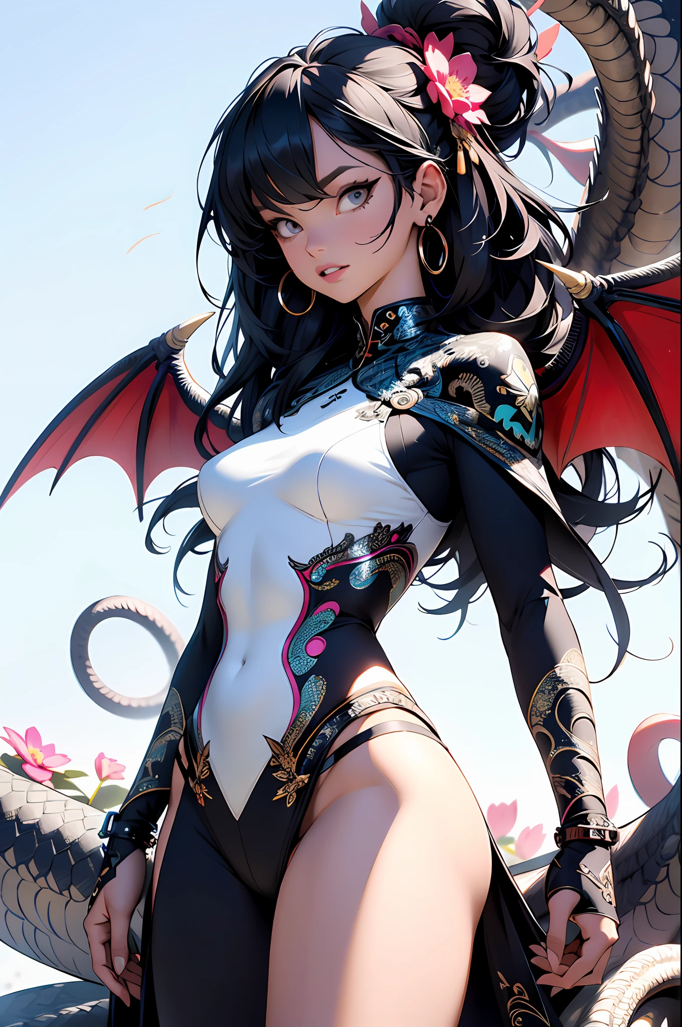 absurd, highres, ultra detailed, (ultra-detailed background, detailed background), extremely detailed, adult warrior woman, 35 years old, with dragon wings on her back, white and black hair, bouquet of flowers, (zentangle:1.2), (geometric:1.2), colorful, full body, sexy pose, short clothes, dragon tattoo, stars, tiny thong, almost naked, muscular, perfect body