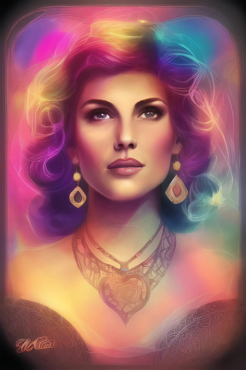 1girl, portrait, tarot card ,vivid colors , incredible feminine comic beauty ,wild hair colors, vivid pink  , trading card overlay , smirk , solo , rim lighting , illustrated background , looking at viewer, duskz1