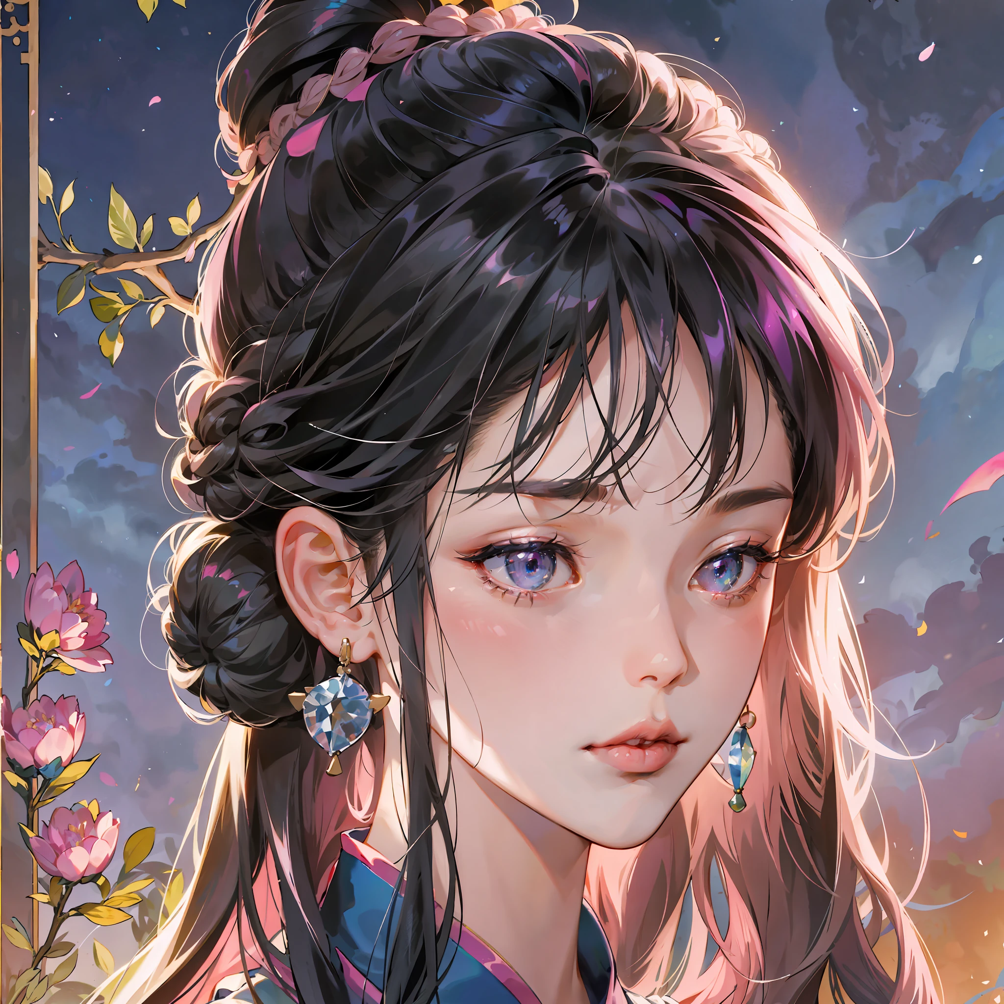 Absurd, High Resolution, Ultra Detailed, 1girl, Mature Royal Sister, Solo, Very Detailed Eyes, Delicate Eyes, Braided Bun, Asymmetrical Bangs, Wearing Earrings, Pink Silk Hanfu, Masterpiece, Dark Night, Official Art Illustration, Night, Gaze Screen, 4K, Hazy, Fairy Fluttering, Disappointed, Portrait on the Front