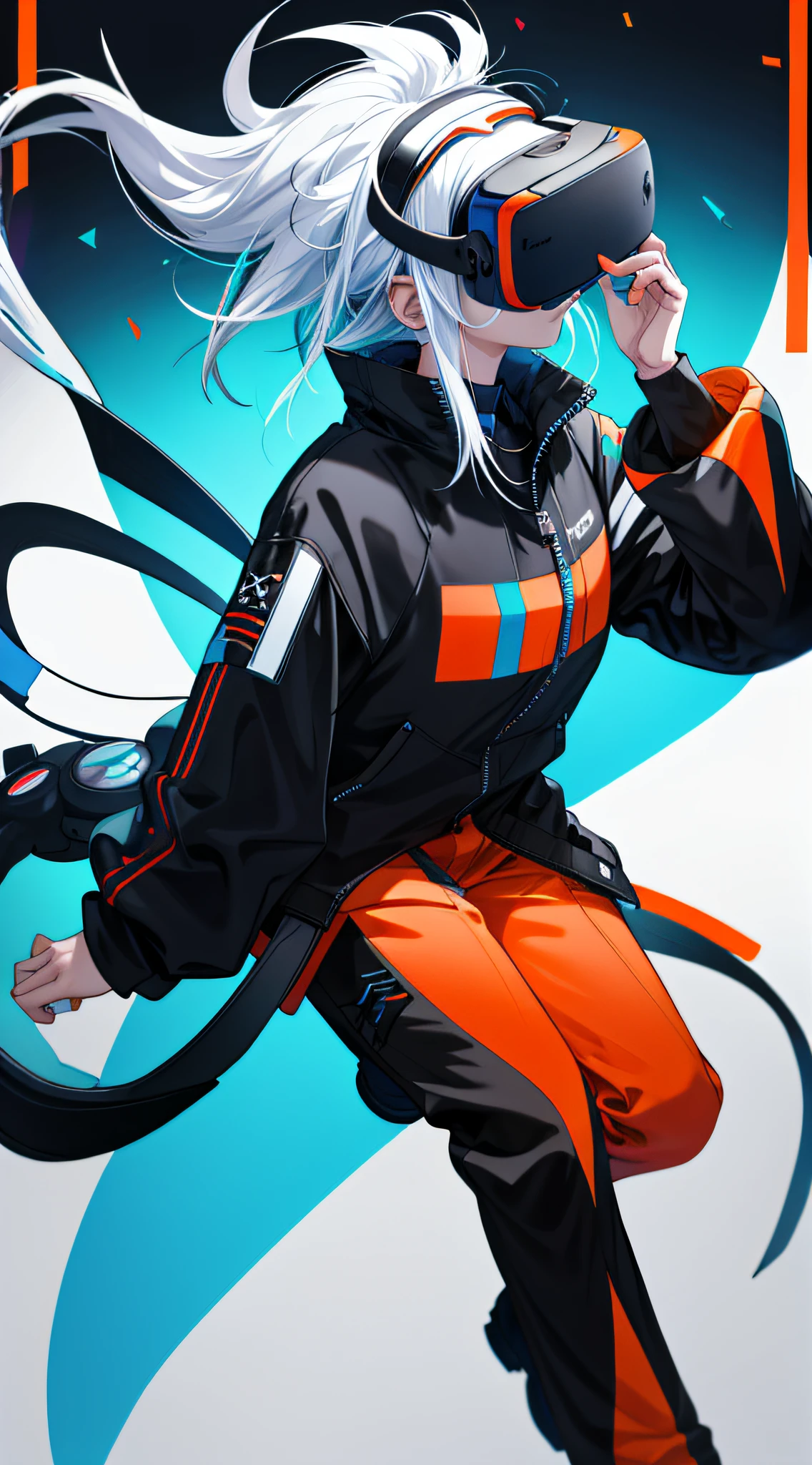 gamer girl, white hair with futuristic VR google, (VR), wearing fit black-orange mix color outfit, the background is predominantly cyan-blue gradient, and the quality is over 4k