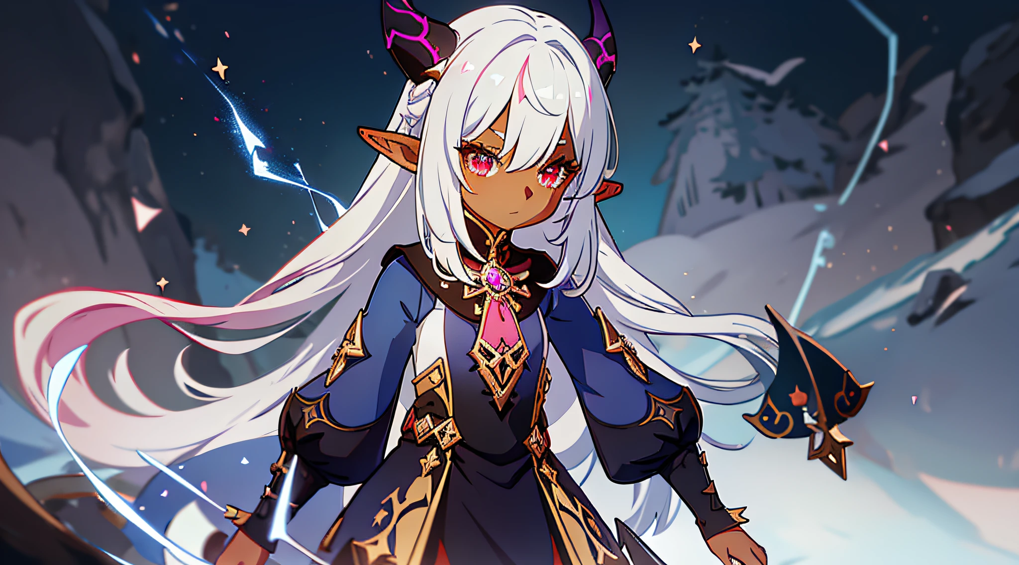 *********** with small horns and elf ears, dark skin, tan, fantasy skin, red eye, tail, spiky white hair, dark blue uniform, pink tie, pink sock, black boot, galaxy background, electricity, lightning