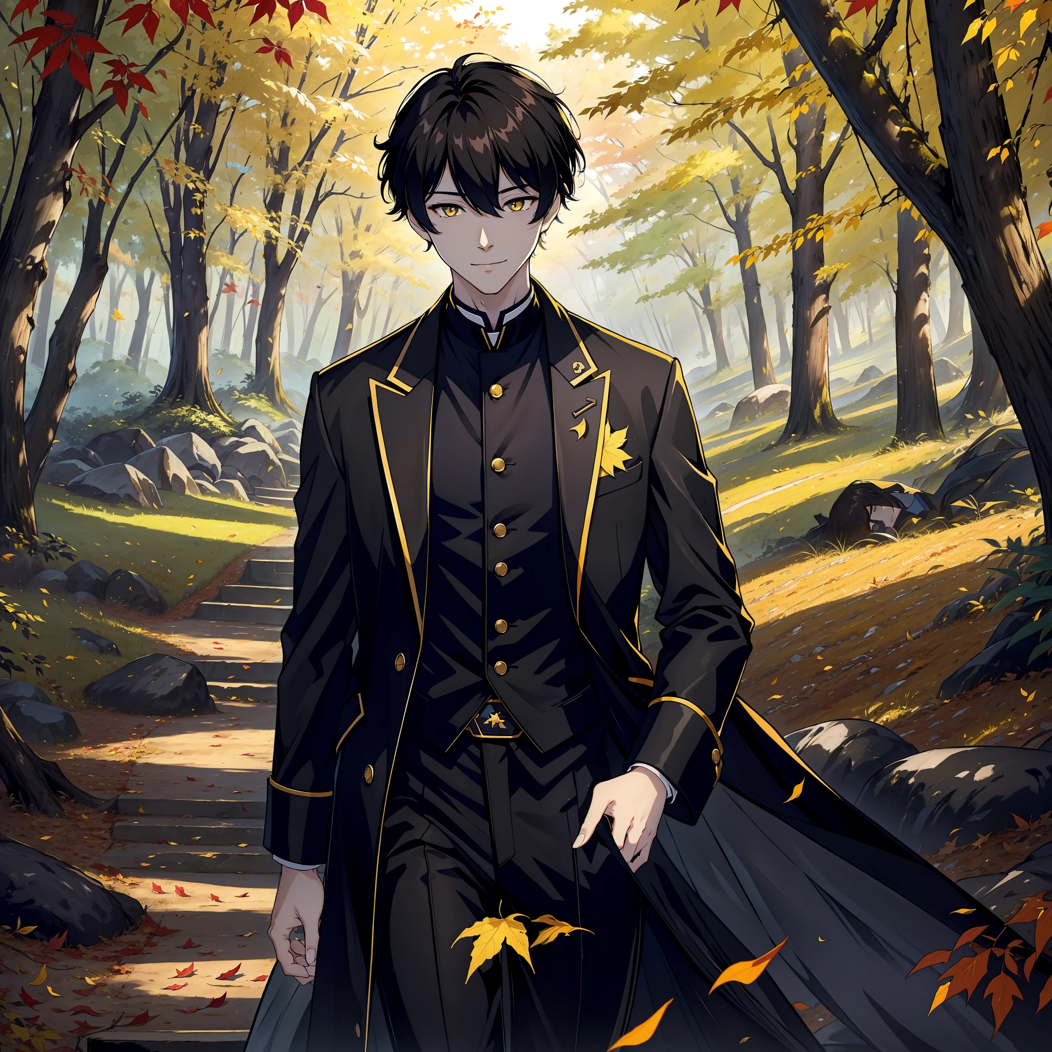 looks similar to Dan Heng from Honkai Star Rail, human, male, alone, mature, black short hair, slim, yellow pupils, detailed eyes, front view, black shirt, black long coat, coat fluttering, detailed clothing, collar, tall, smiling, looking kind, edge of the forest, falling leaves, plains