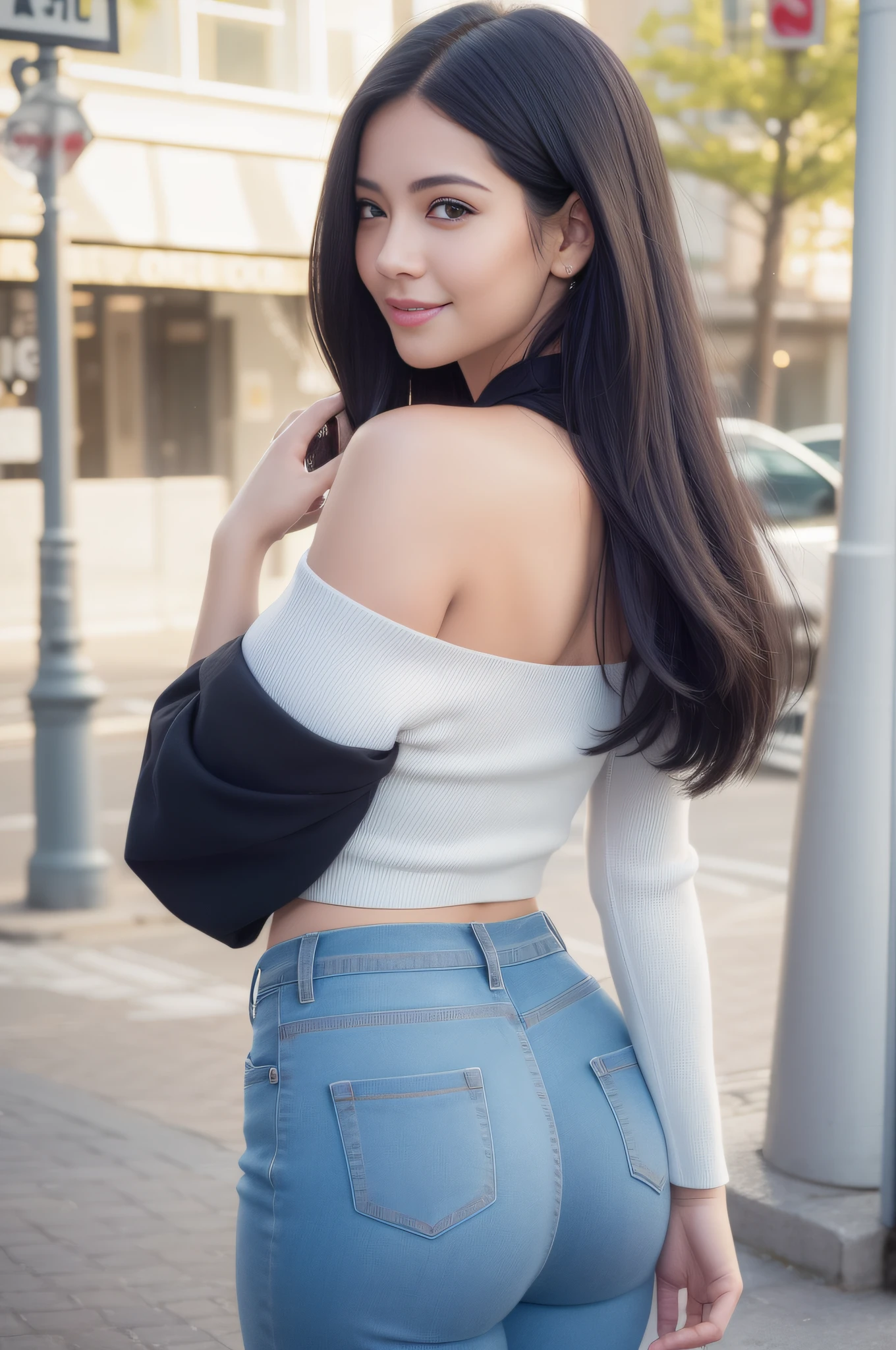 sexy long black hair (realistic photo: 1.4), (hyper realistic: 1.4), (realistic: 1.3), (softer lighting: 1.05), (increase the quality of cinematic lighting: 0.9), 32K, 1 girl, 20 years, realistic lighting, backlight, light on the face, ray trace, (bright light: 1.2), (increase quality: 1.4), (skin with real texture of better quality: 1.4), smiling, happy, finely detailed eyes, finely detailed face, black hair, finely quality eyes, (joy, flush, smile, happiness), close-up of smile face, (Increase body line mood: 1.1), (Increase skin texture beauty: 1.1) (wool blouse and jeans showing big butt), (cool colors), damp, reflections, city street background(masterpiece) (perfect proportion)(realistic photo)(best quality) (detailed) photographed on a Canon EOS R5, 50mm lens, F/2.8, HDR, (8k)