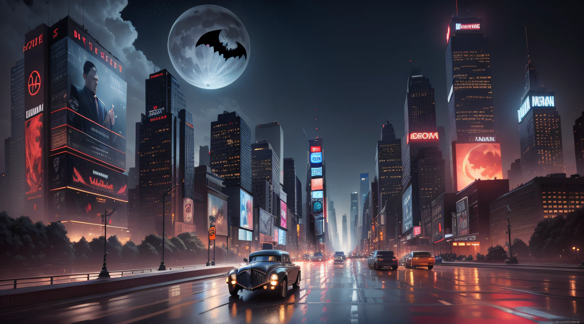 movie still (masterpiece)+, (Best Quality)+, (Intricate detail)+, gangster style BATMOBILE design moving in Times square behind it, red moon in sky, high detail, 1930s gotham city building, masterpiece, (HDR)(wallpaper)(film lighting)(sharp focus), masterpiece, best quality, (extremely detailed CG 8k unit wallpaper), (best quality)