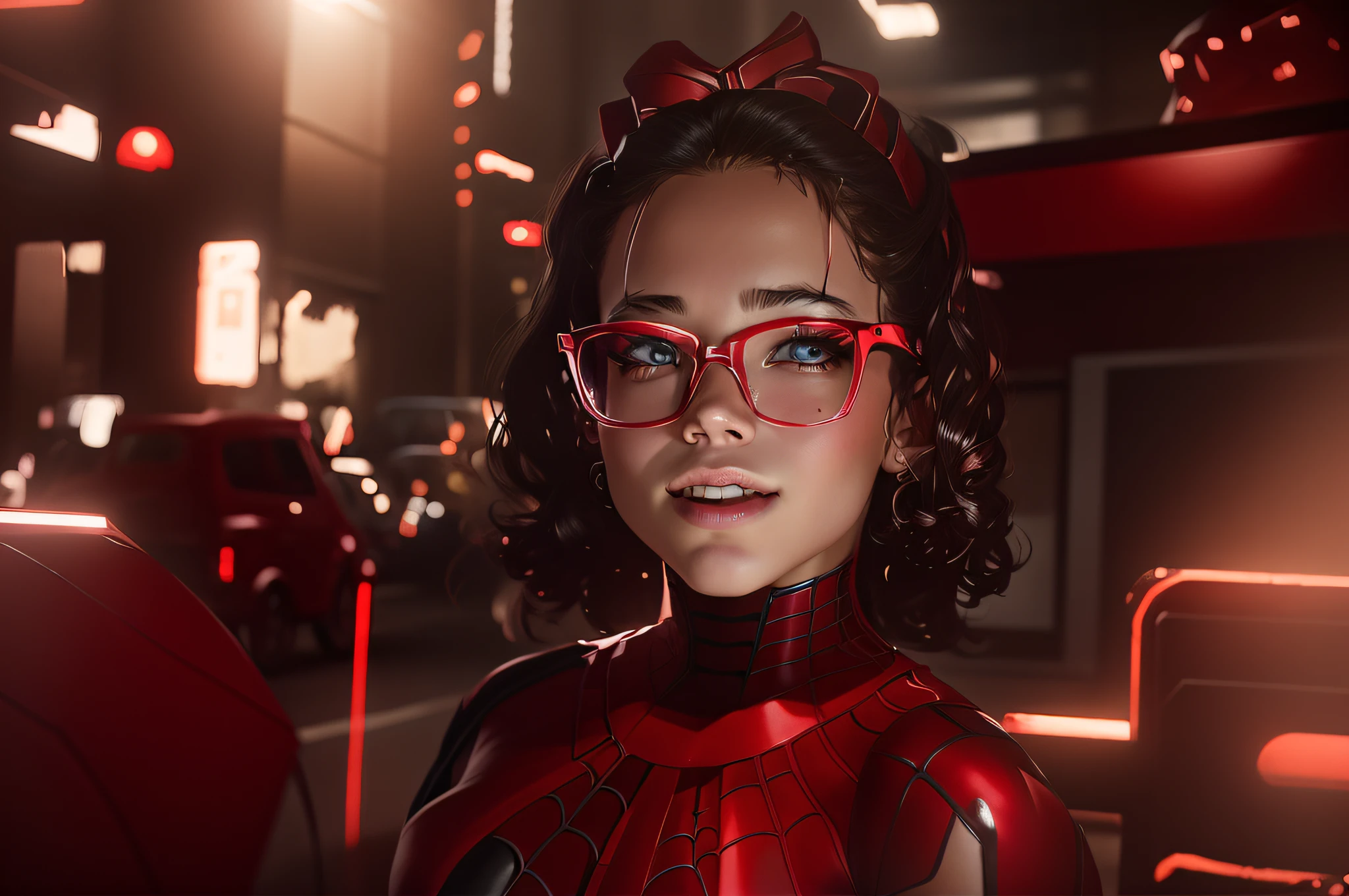 Sydney Sweeney as spider girl, dark background, close portrait shot, true beauty, reddish outfit --auto --s2