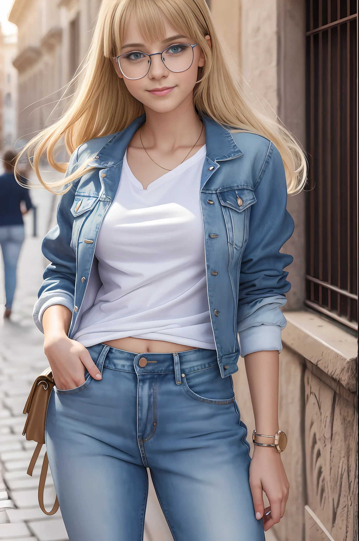 absurdres, RAW photo, highest quality, (masterpiece: 1.3), high detail RAW color photo, professional photo, extremely detailed CG 8k wallpaper unit, photo-realistic, realistic, RAW photo, masterpiece, best quality, highres, illustration,
1girl, 19 YEARS old, tall, random hairstyle, blonde hair with bangs, medium length, thin legs, beautiful face perfect realistic, beautiful blue eyes detailed, fair skin, texture of detailed skin, very small breasts, small butt, beautiful body, smile, blue prescription glasses. Elegant. Hair in the wind.
(Jacket, white T-shirt and jeans, simple design), streets of Rome, autumn.