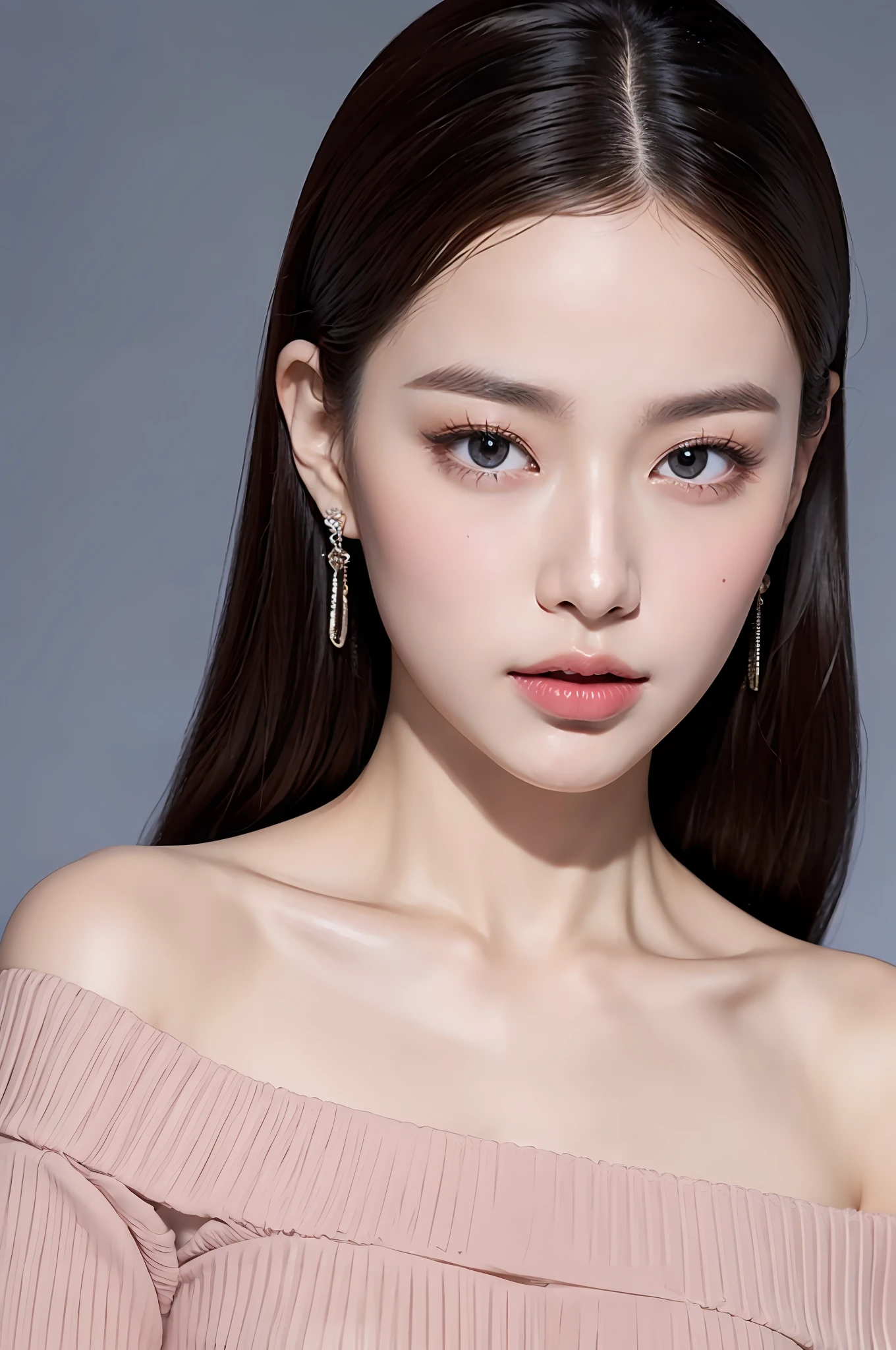Fashion trendy beautiful and charming woman, gentle and charming Chinese beautiful woman, delicate and sexy collarbone, charming oval face, double eyelids, smart peach blossom eyes, pink lips, small nose, bare shoulders, focus on the face, close-up of the face, Ultra-high-definition, super-detailed, the white off-the-shoulder shirt perfectly echoes the light blue slit skirt, fresh and impressive