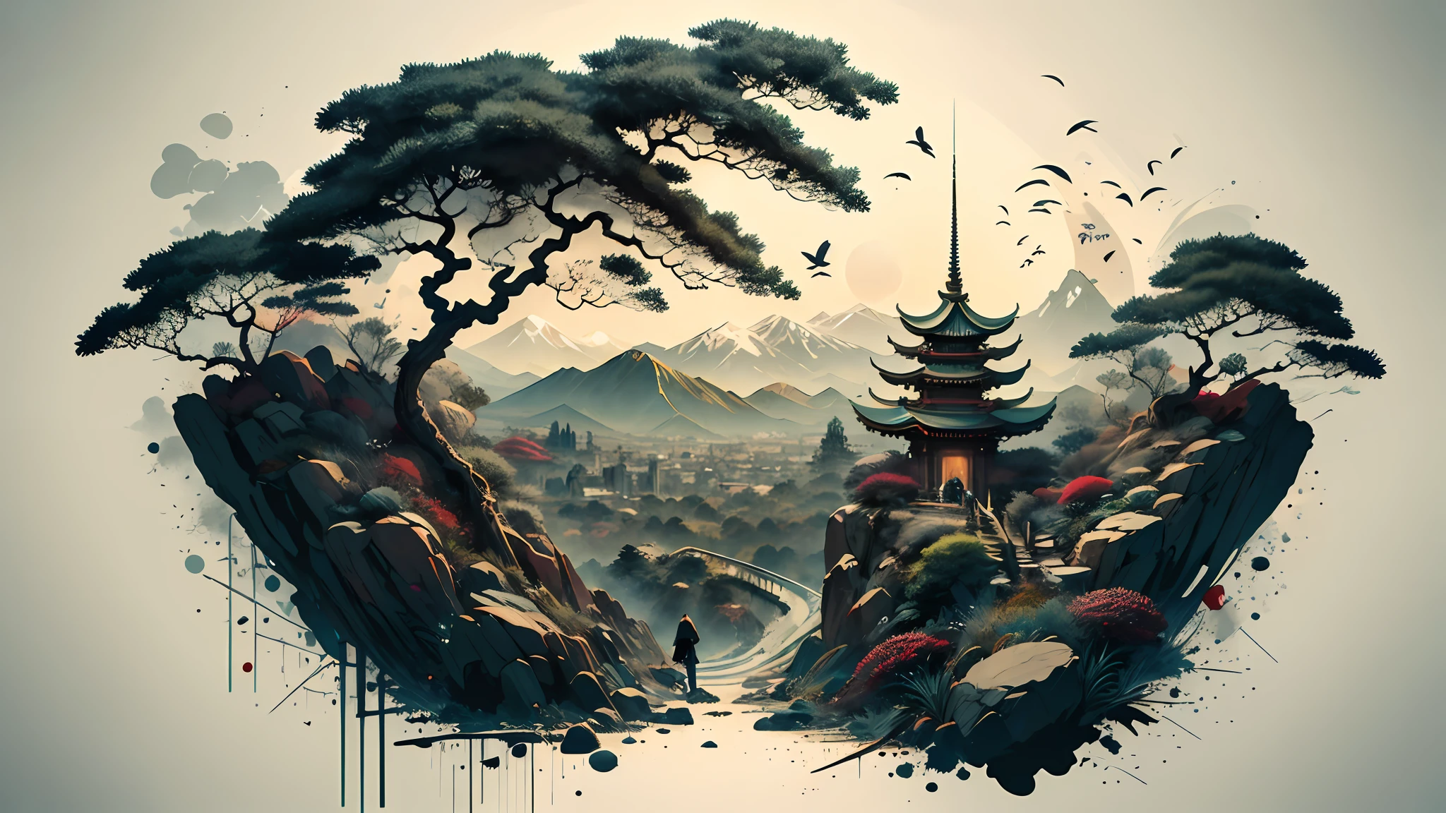 Absurd, high resolution, ultra-detailed, (1 girl:1.3), broken, design a beautiful temple scene, intricate architecture, lush gardens, and a sense of peace and spirituality. Broken, creating an image of a destructive demon with terrifying features, dark powers, and a thirst for chaos and destruction. Broken, designed with a fisheye effect image that captures a wide field of view with a unique curved viewing angle. Break to create rooftop views in urban environments with panoramic cityscapes, dramatic skylines, and a sense of elevation. Break , illustrating the tender moments between parents and children, capturing their bonds, love, and connection. Broken, using pointillism to illustrate images, carefully placed tiny dots of color to create a cohesive and visually stunning whole.