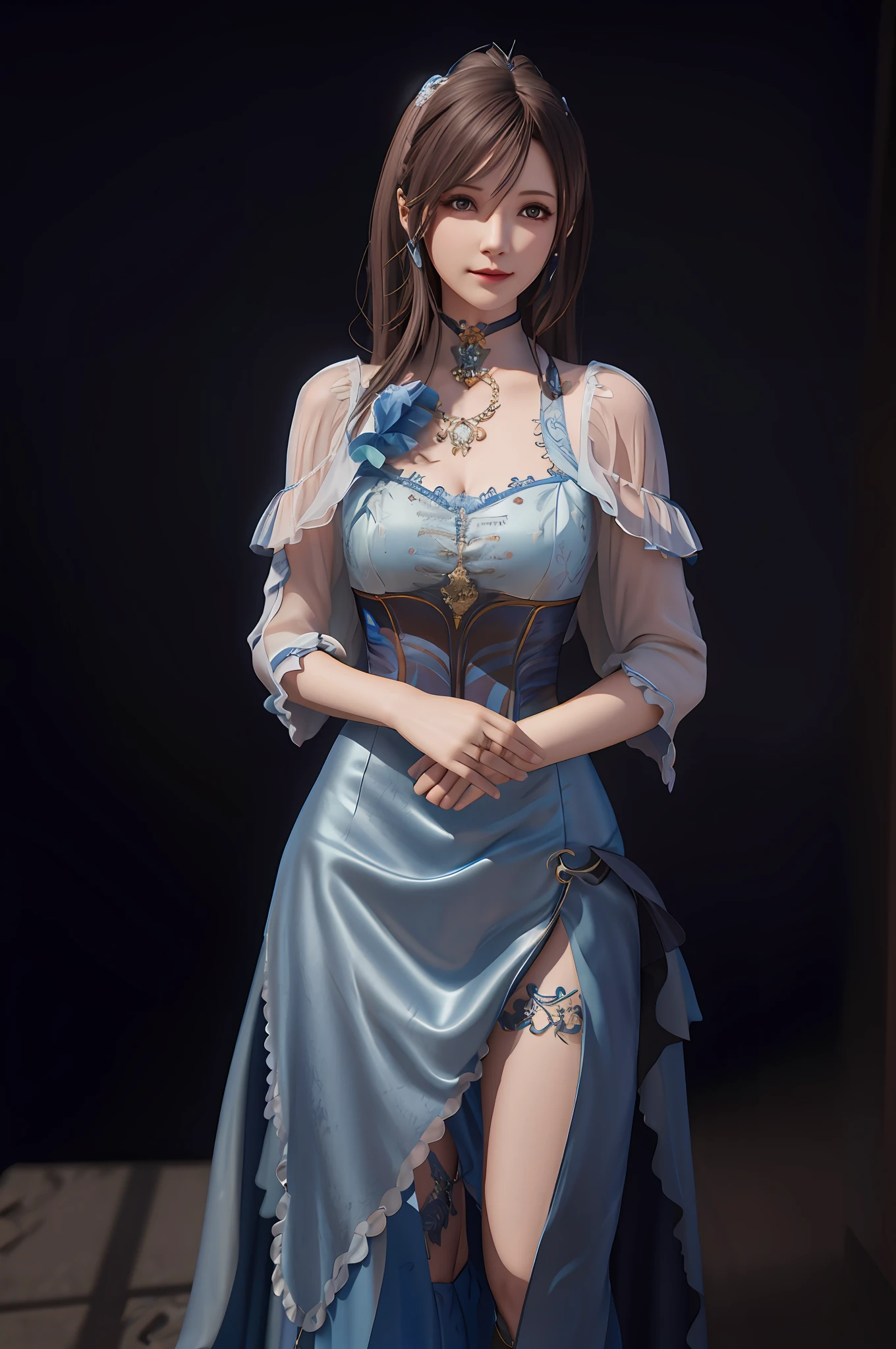 There is a woman in a blue dress posing for a photo, 3 D rendered character art 8 K, realistic fantasy rendering, April rendering, super detailed fantasy characters, realistic anime girl rendering, highly detailed characters, fan art best art station, stunning character art, 8K high quality detail art, beautiful maiden, beautiful character painting, cold plum, fantasy costume, castle in the background