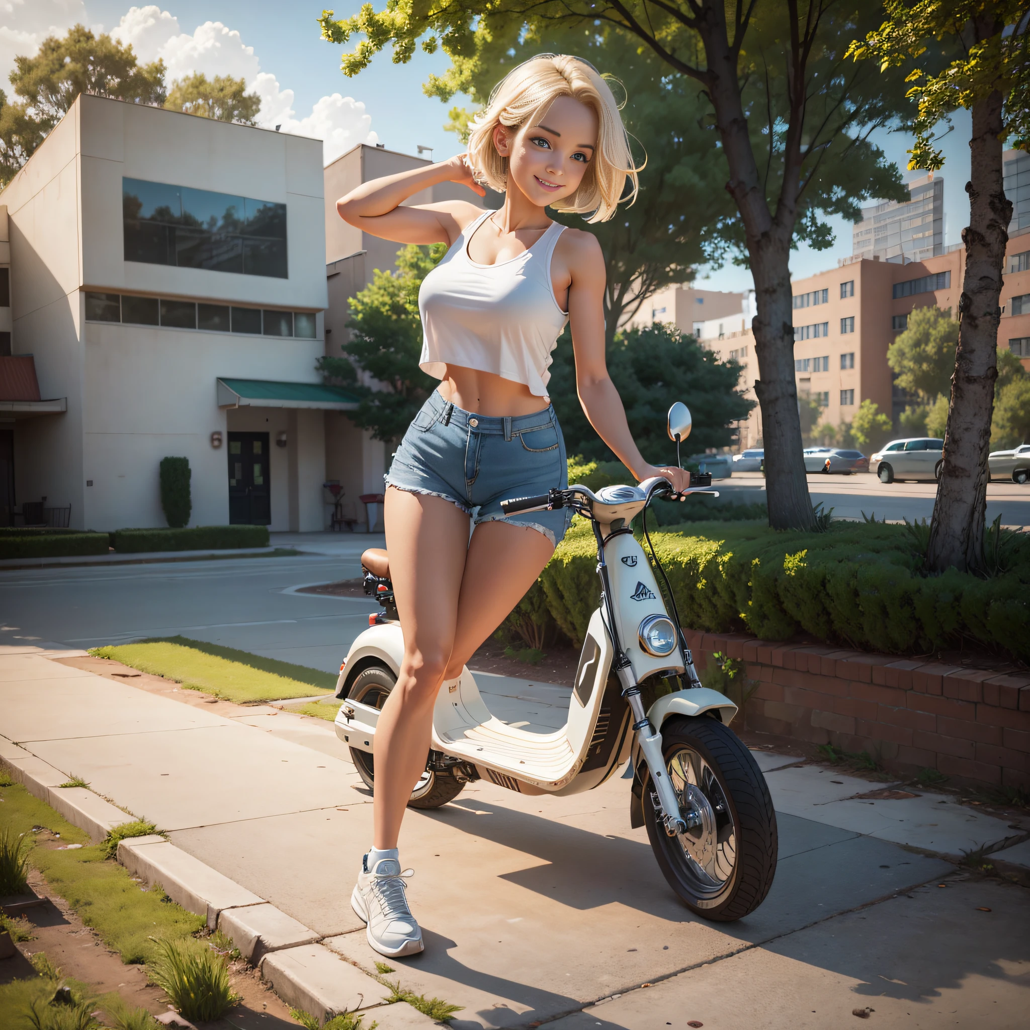 {masterpiece, best quality, extremely detailed CG, unity 8k wallpaper, cinematic lighting}}. design art,  1 girl, full body, A  beautiful girl riding an electric kick scooter in a park. She is stunningly cute, with a smile, short bob hairstyle in golden blonde, blue eyes, double eyelids, long eyelashes, long limbs, She is wearing a white tank top, distressed denim shorts, and white low-cut basketball shoes. Striking an active pose.