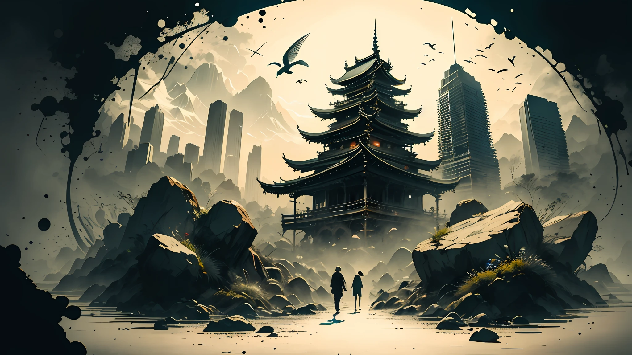 Absurd, high resolution, ultra-detailed, (1 girl:1.3), broken, design a beautiful temple scene, intricate architecture, lush gardens, and a sense of peace and spirituality. Broken, creating an image of a destructive demon with terrifying features, dark powers, and a thirst for chaos and destruction. Broken, designed with a fisheye effect image that captures a wide field of view with a unique curved viewing angle. Break to create rooftop views in urban environments with panoramic cityscapes, dramatic skylines, and a sense of elevation. Break , illustrating the tender moments between parents and children, capturing their bonds, love, and connection. Broken, using pointillism to illustrate images, carefully placed tiny dots of color to create a cohesive and visually stunning whole.