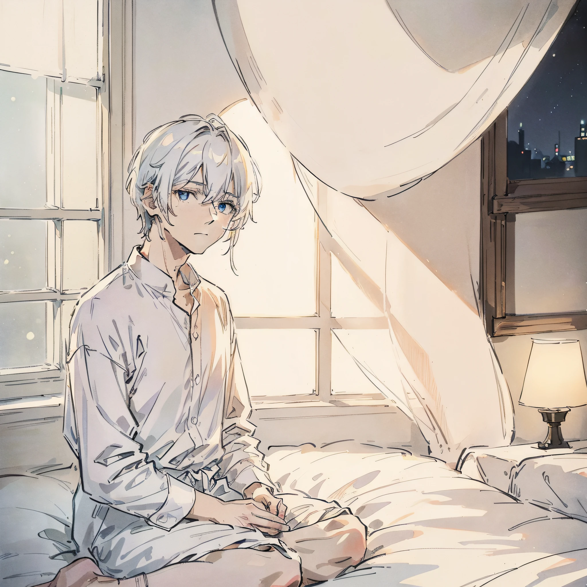 A white-haired man, at night, sitting alone in front of the window, wearing a white shirt, the lamp next to the bed is warm, and outside the window is the night of the city, gentle, gentle face, delicate facial features, perfect light and shadow, masterpiece