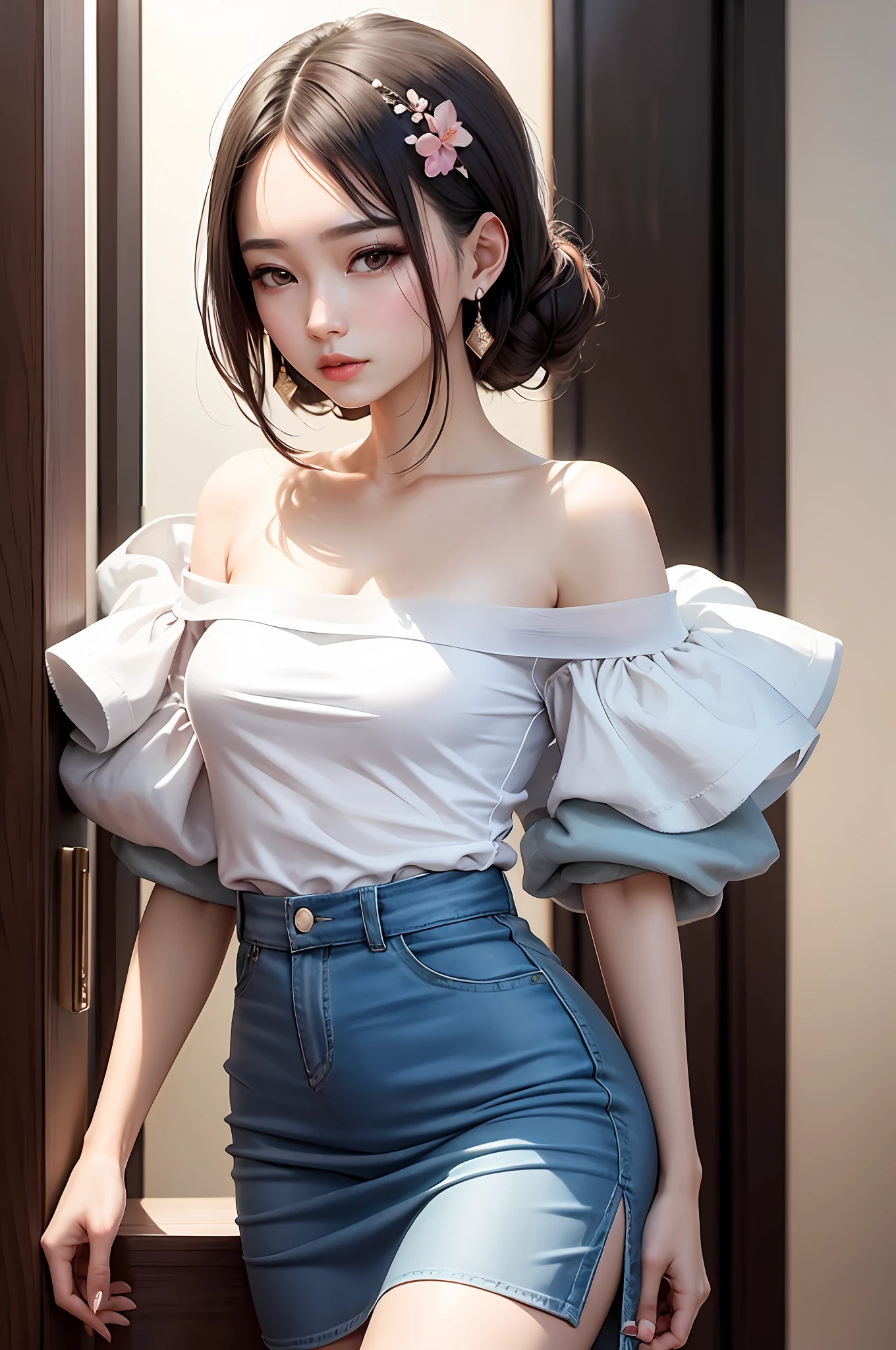 Fashion trendy beautiful and charming woman, gentle and charming Chinese beautiful woman, delicate and sexy collarbone, charming oval face, double eyelids, smart peach blossom eyes, pink lips, small nose, bare shoulders, focus on the face, close-up of the face, Ultra-high-definition, super-detailed, the white off-the-shoulder shirt perfectly echoes the light blue slit skirt, fresh and impressive