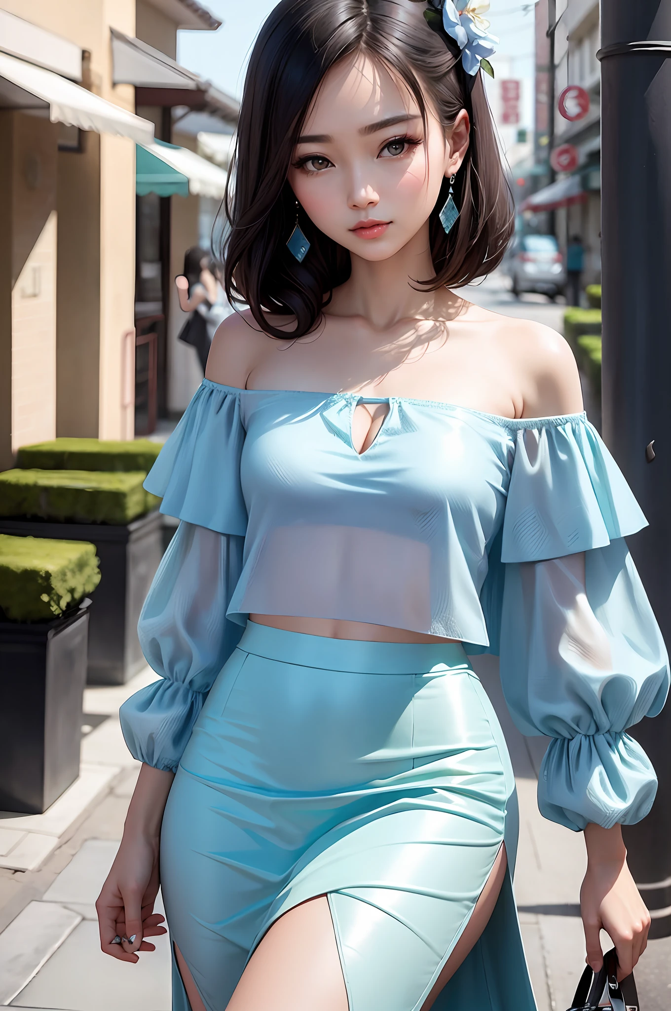Fashion trendy beautiful and charming woman, gentle and charming Chinese beautiful woman, delicate and sexy collarbone, charming oval face, double eyelids, smart peach blossom eyes, pink lips, small nose, bare shoulders, focus on the face, close-up of the face, Ultra-high-definition, super-detailed, the white off-the-shoulder shirt perfectly echoes the light blue slit skirt, fresh and impressive