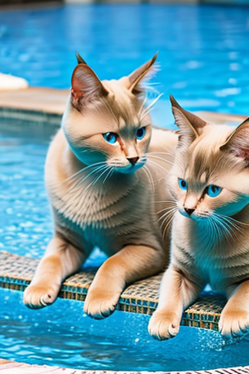 swimming cute two Siamese cats pool