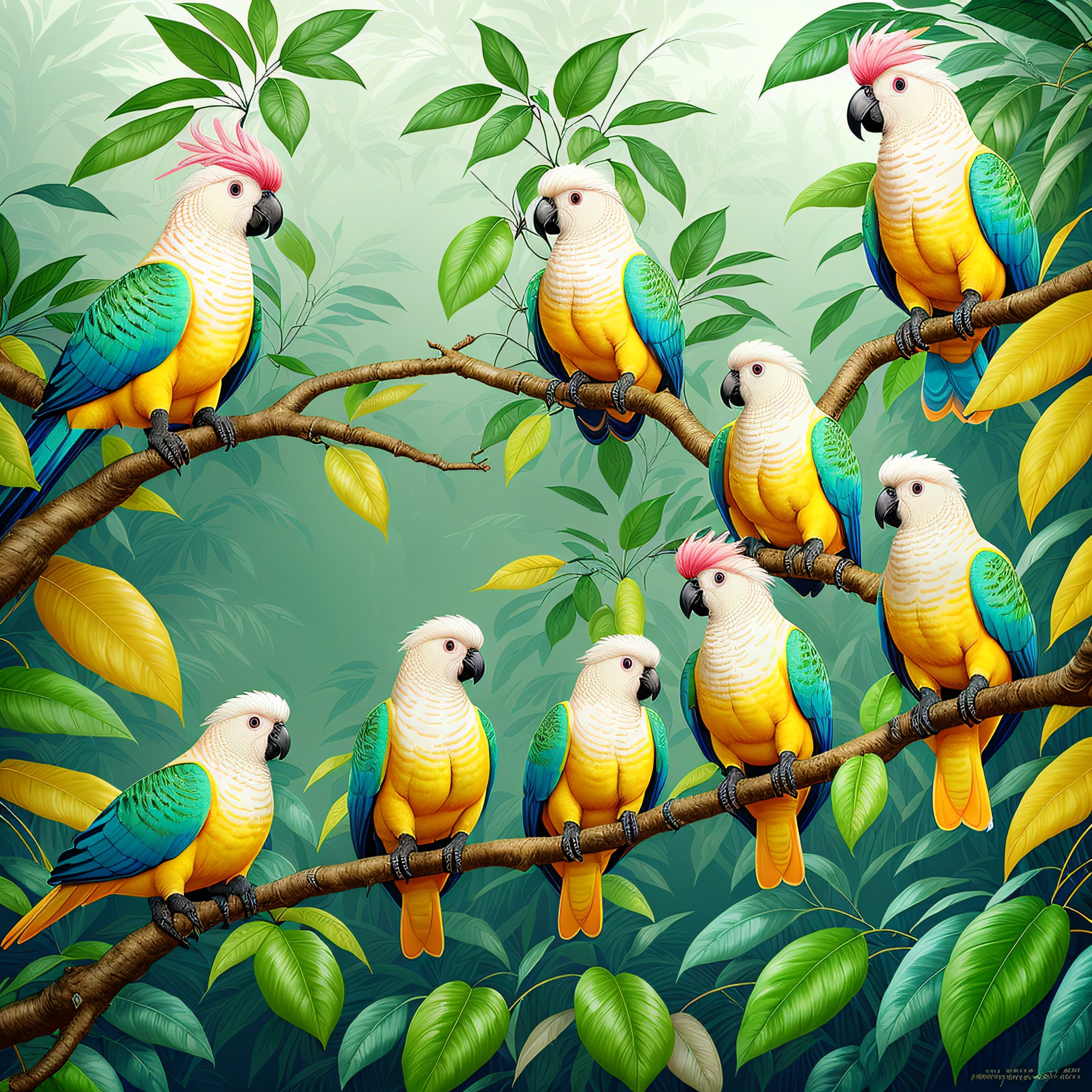 There are many colorful cockatoos++ sitting on a branch in the jungle, tropical birds, colorful birds, highly detailed digital art, highly detailed digital painting, very detailed birds, beautiful nature, beautiful digital art, birds, highly detailed digital painting, HD illustration, an illustration, an illustration of, birds, a beautiful art illustration --auto --s2